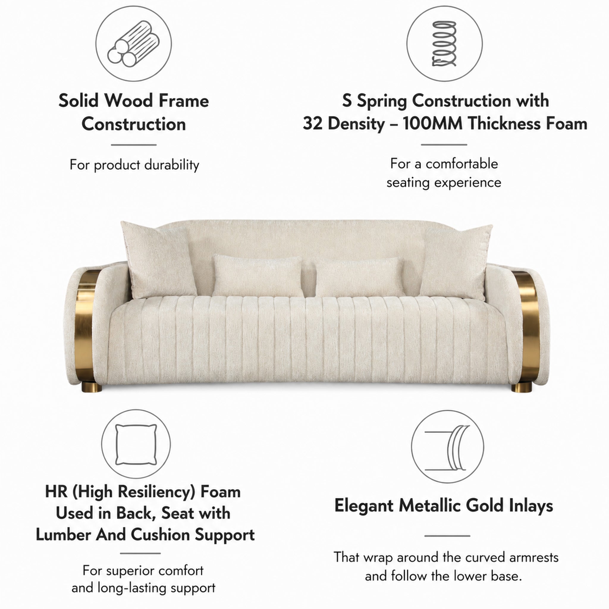 KINGS FABRIC 3 SEATER SOFA BEIGE & GOLD