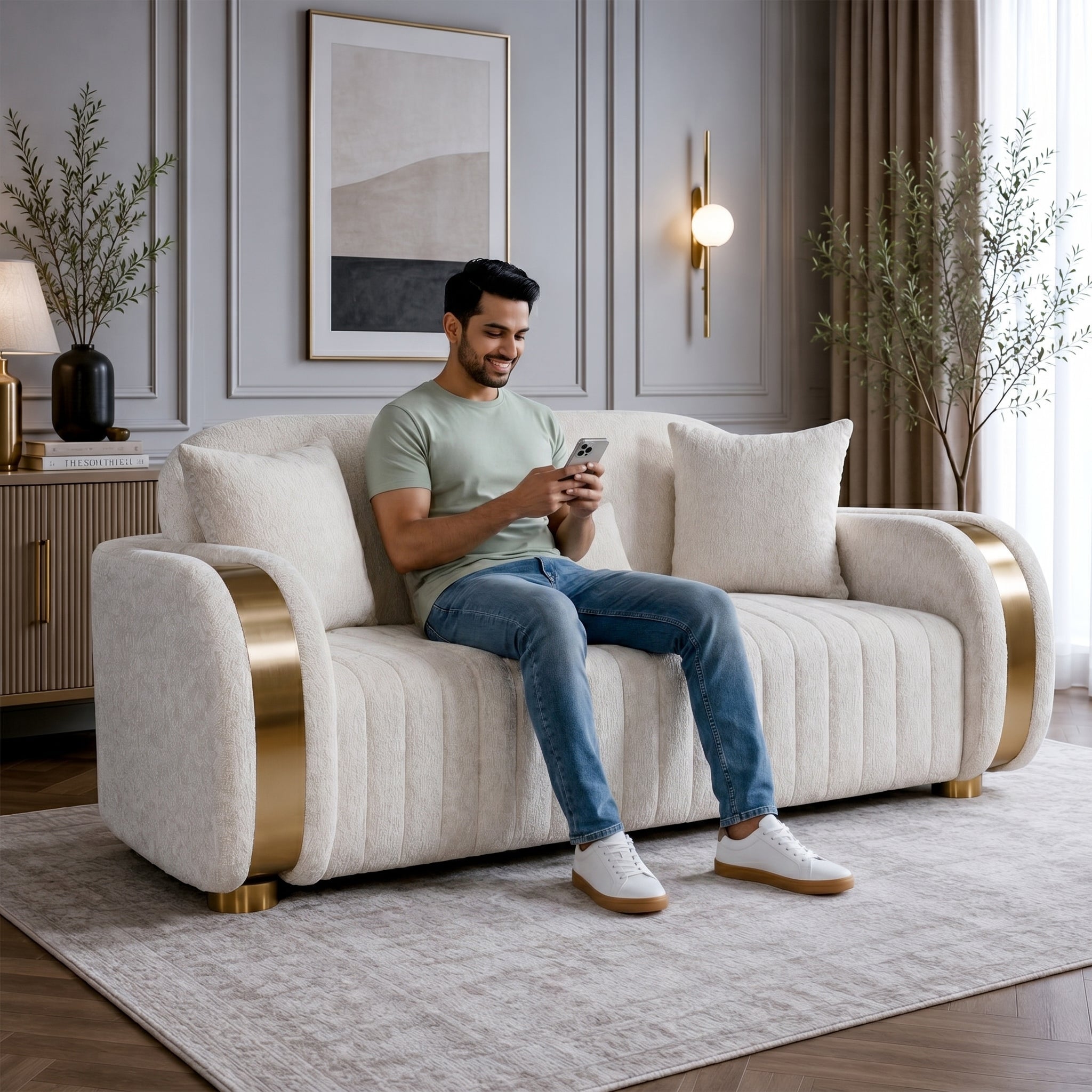 KINGS FABRIC 2 SEATER SOFA BEIGE & GOLD
