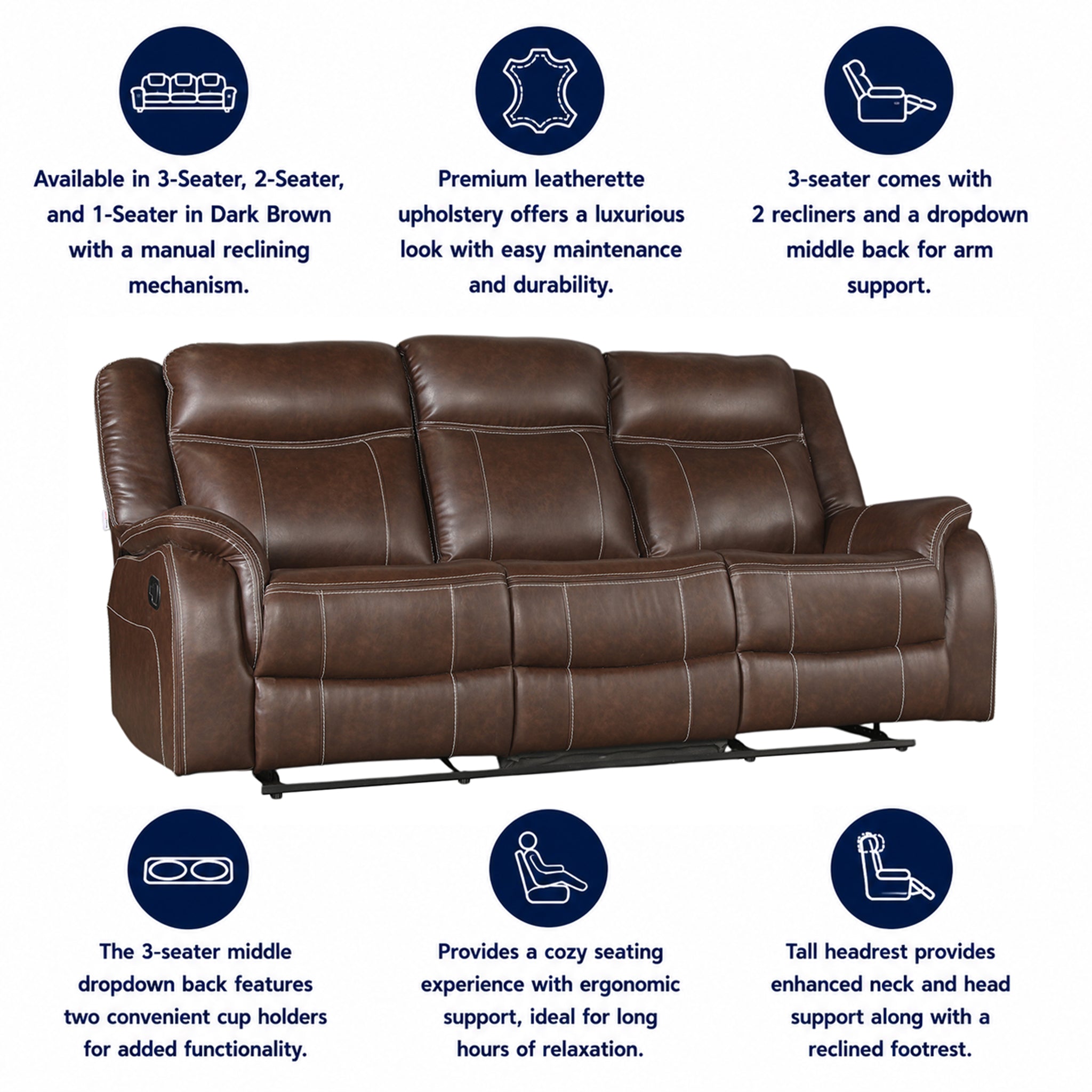 Haven Leatherette Manual Recliner | 3 Seater | Dark Brown
