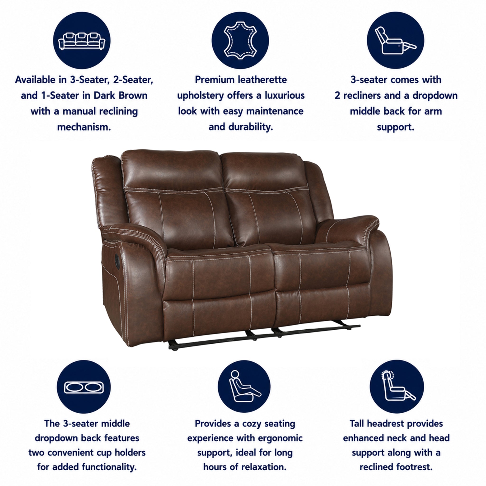 Haven Leatherette Manual Recliner | 2 Seater | Dark Brown
