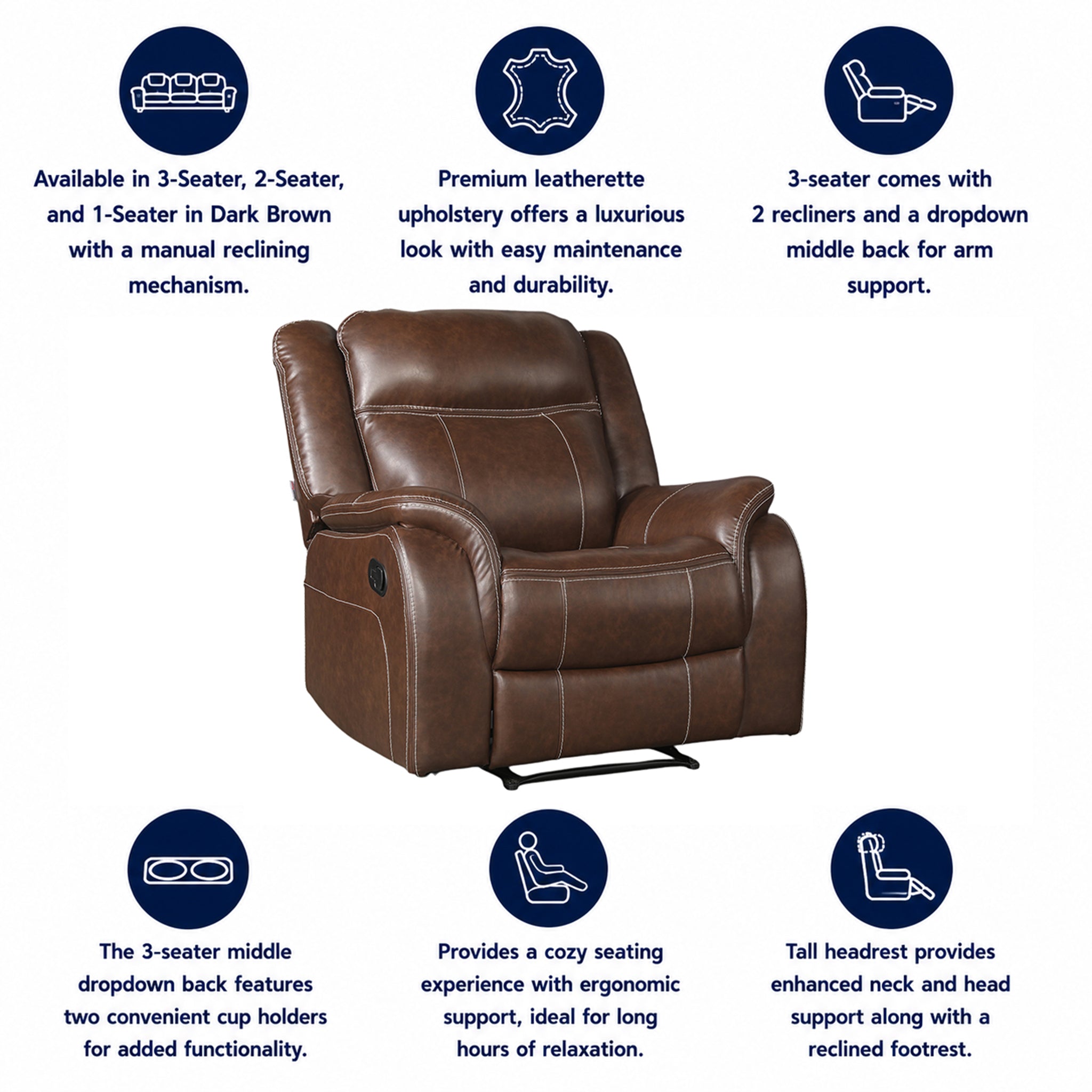 Haven Leatherette Manual Recliner | Dark Brown