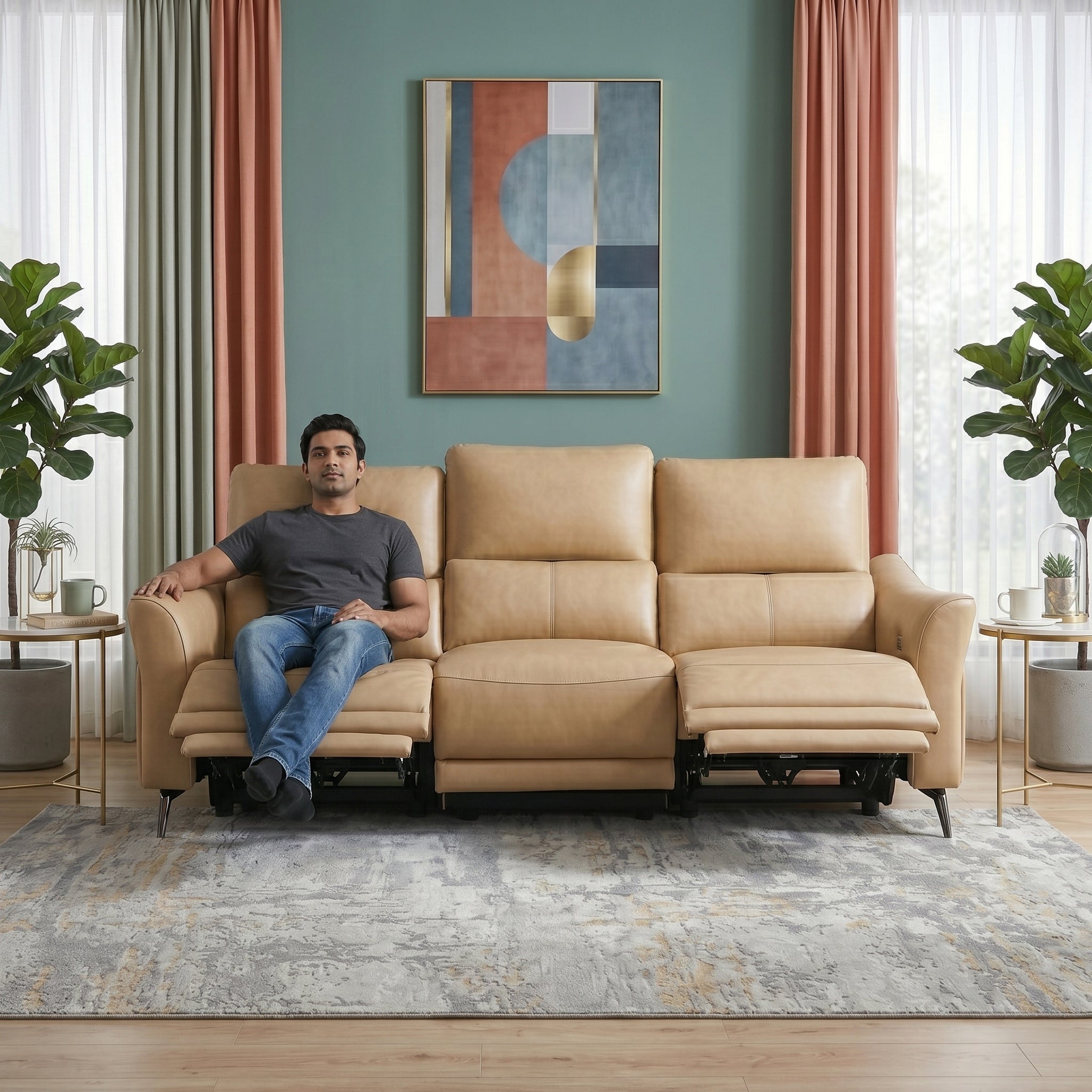 Renzo Leatherette 3 Seater Electric Recliner Camel