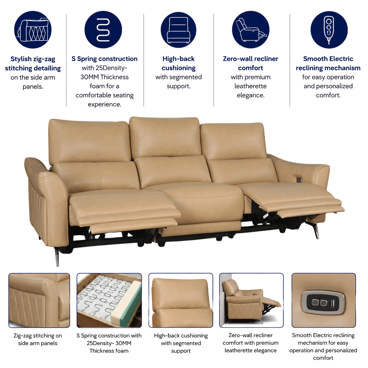Renzo Leatherette 3 Seater Electric Recliner Camel