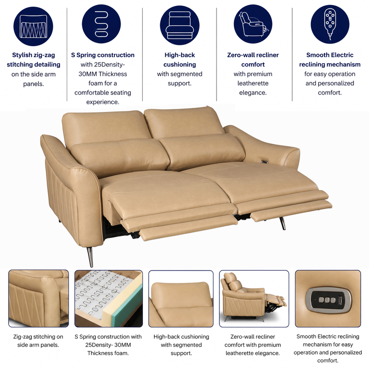 Renzo Leatherette 2 Seater Electric Recliner Camel