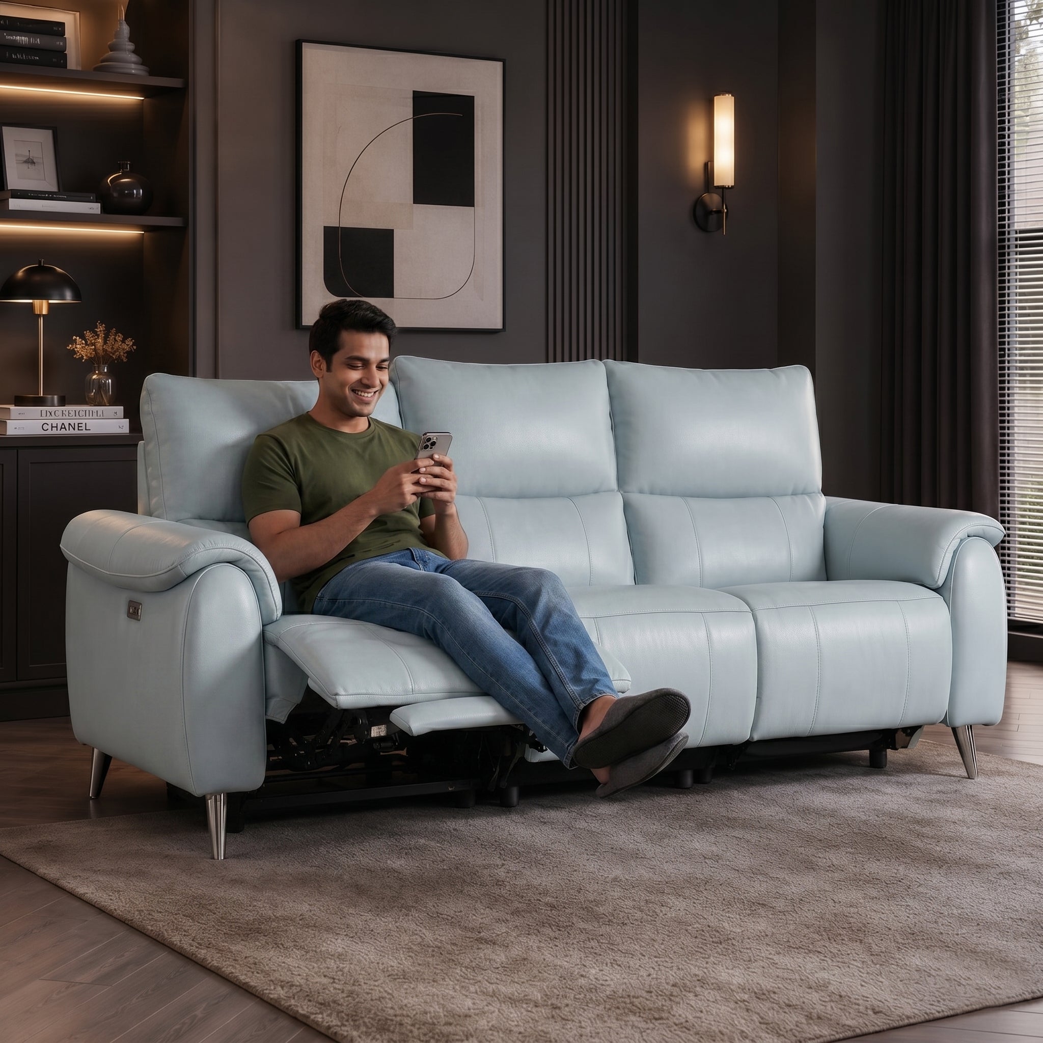 Levanto Half Leather Zero Wall Electric Recliner | 3 Seater | Slate Grey