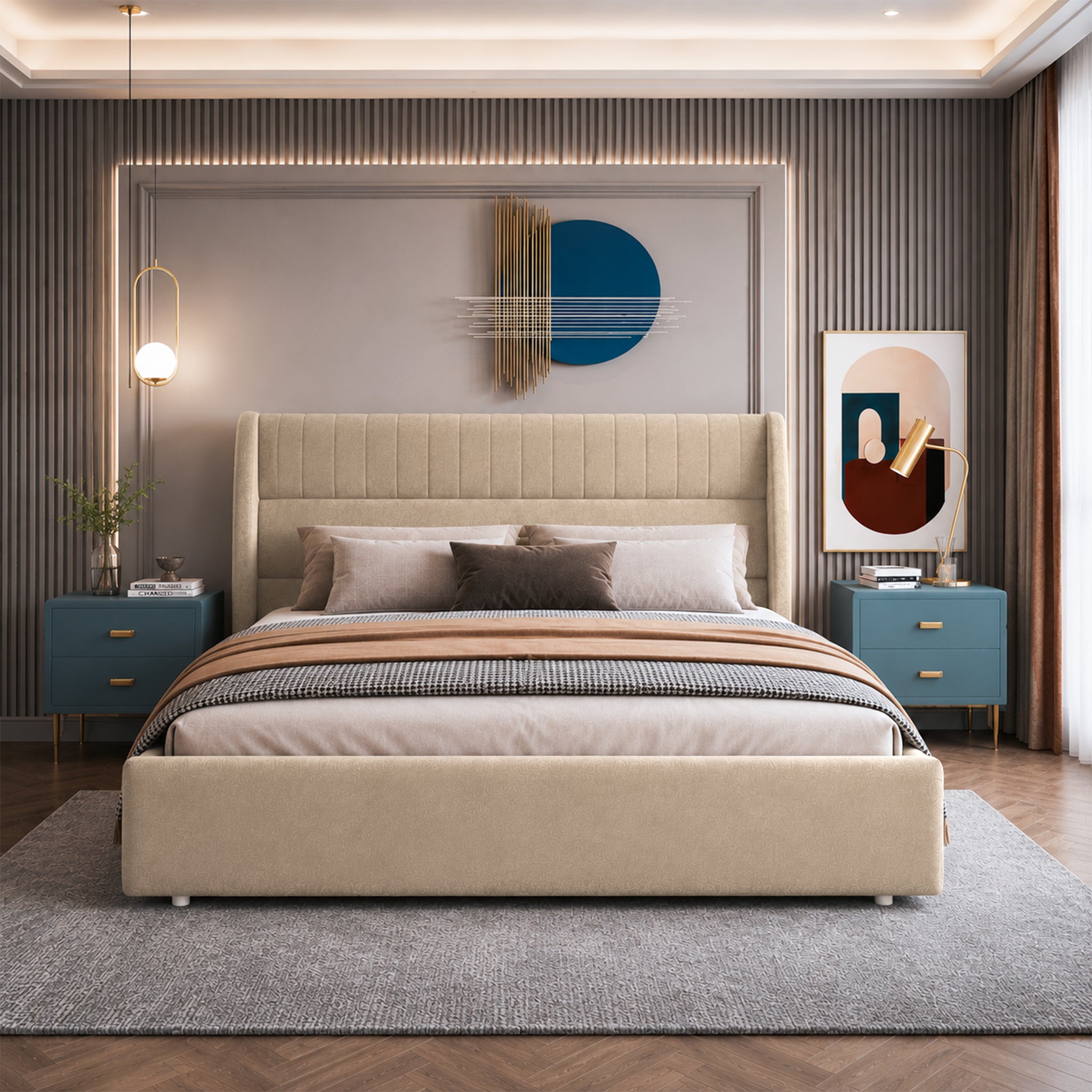 Celesto Upholstered Hydraulic Bed | Queen | Light Brown