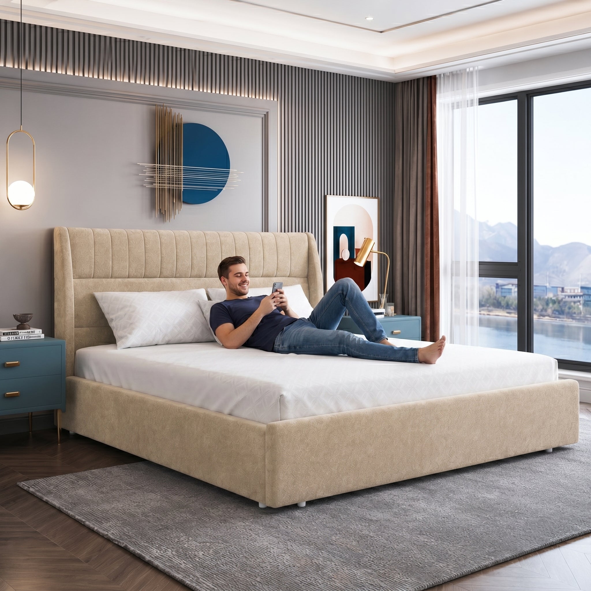 Celesto Upholstered Hydraulic Bed | Queen | Light Brown