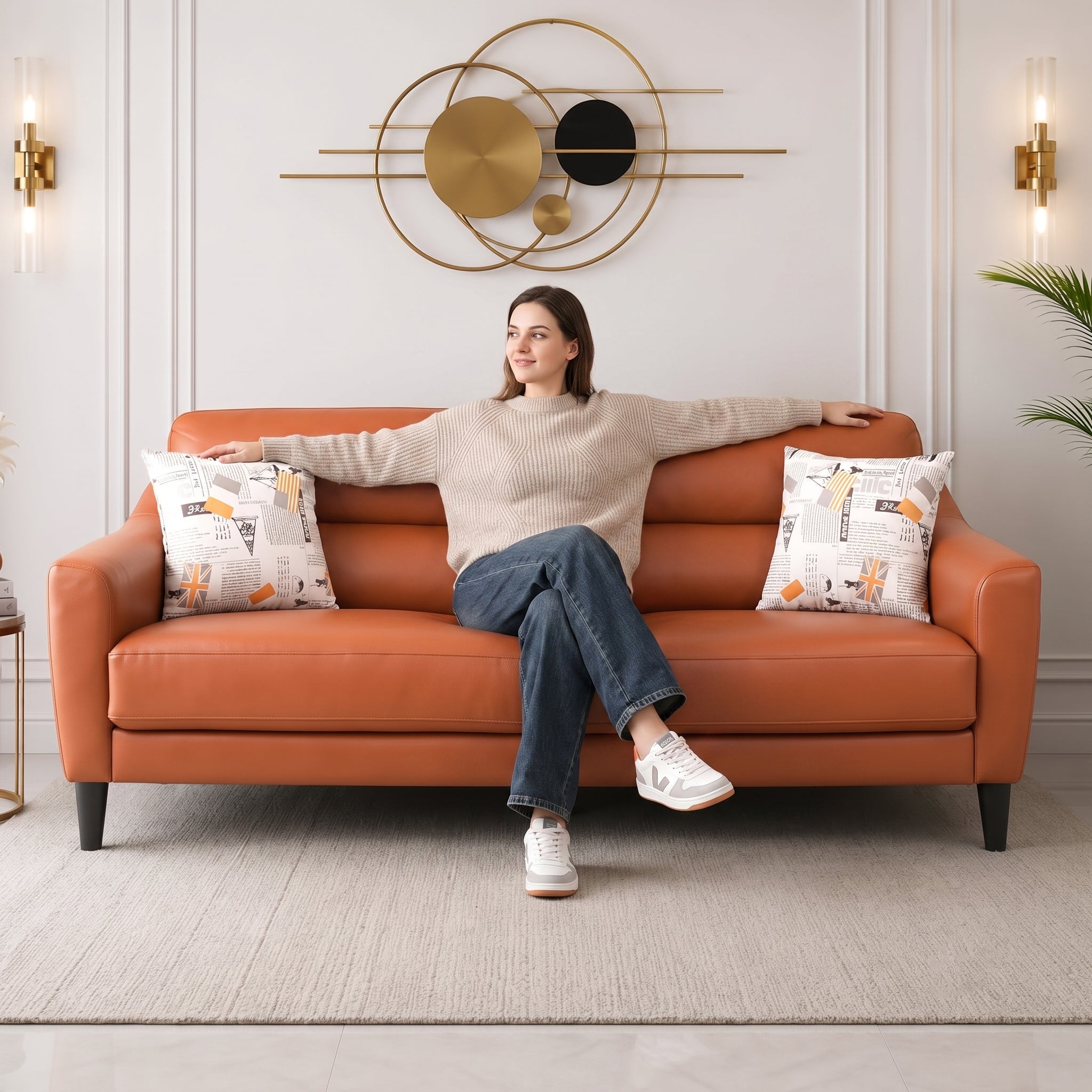 Meda Leatherette 3 Seater Sofa Tan