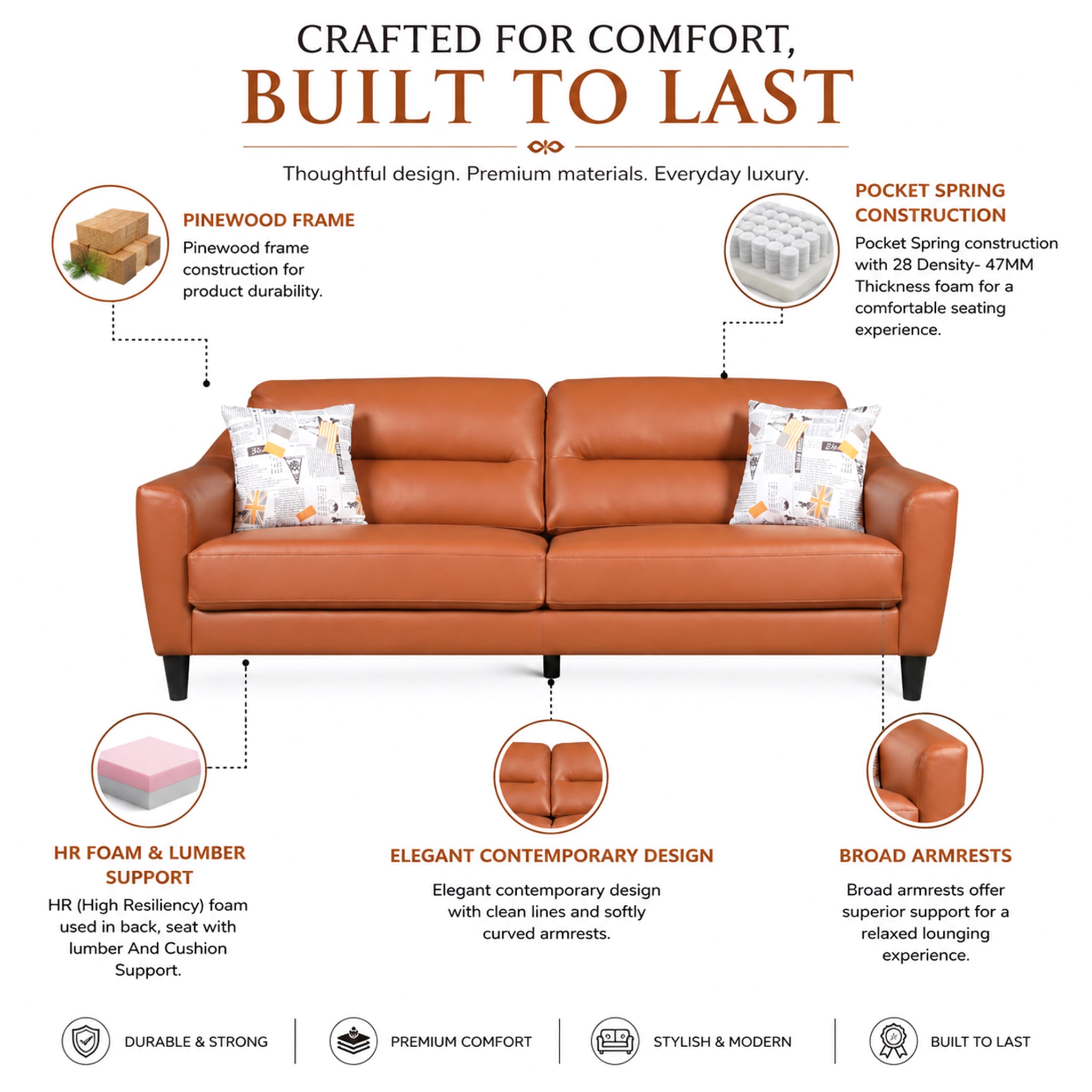 Meda Leatherette 3 Seater Sofa Tan