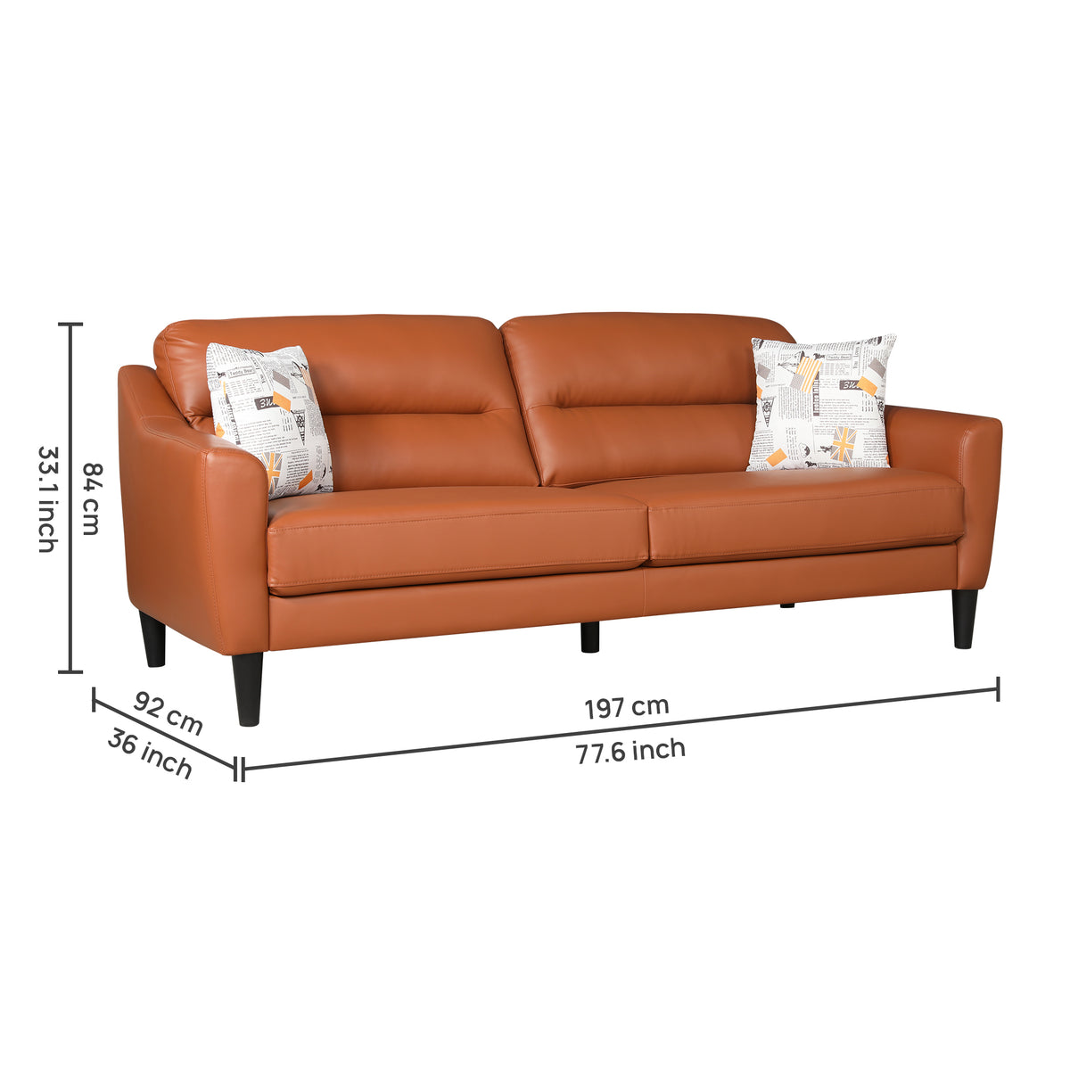 Meda Leatherette 3 Seater Sofa Tan
