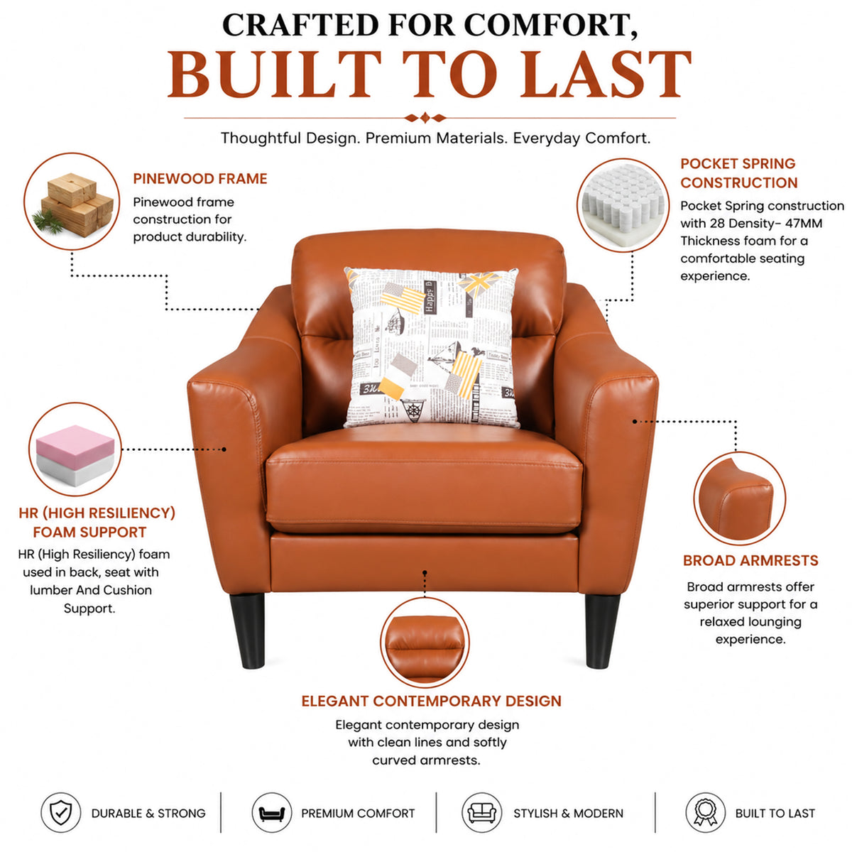 Meda Leatherette 1 Seater Sofa Tan