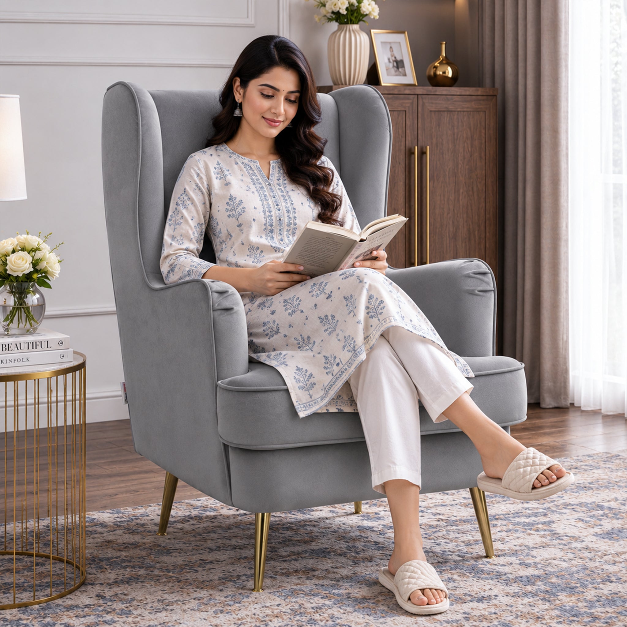 Charm Velvet Accent Chair in Grey