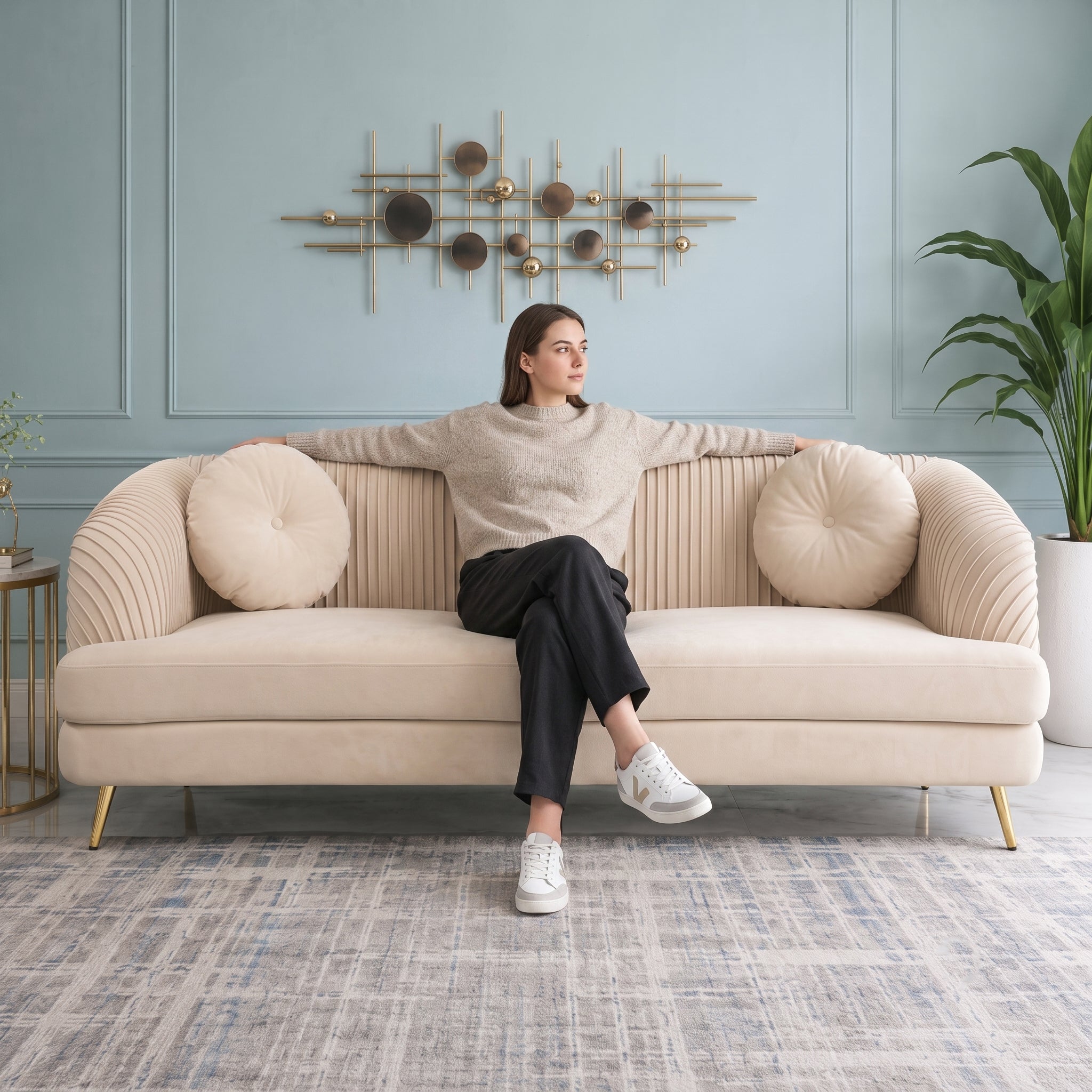 Icon Velvet 3 Seater Sofa Beige