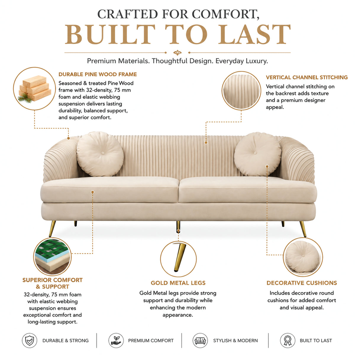 Icon Velvet 3 Seater Sofa Beige