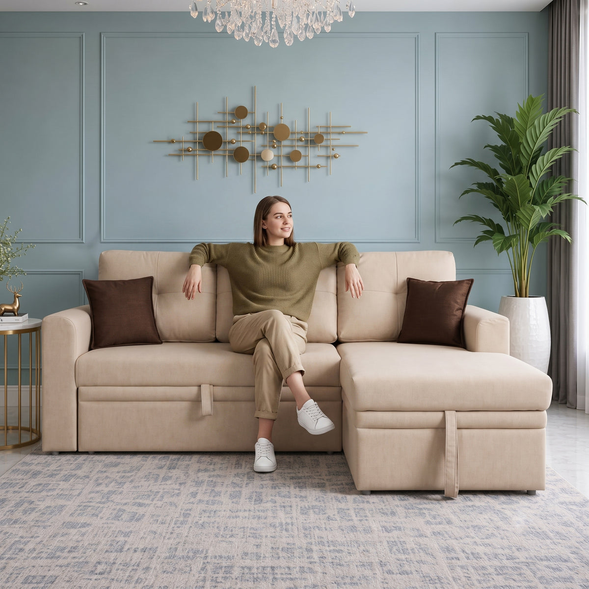 Elba Fabric Sofa Bed Beige Lh