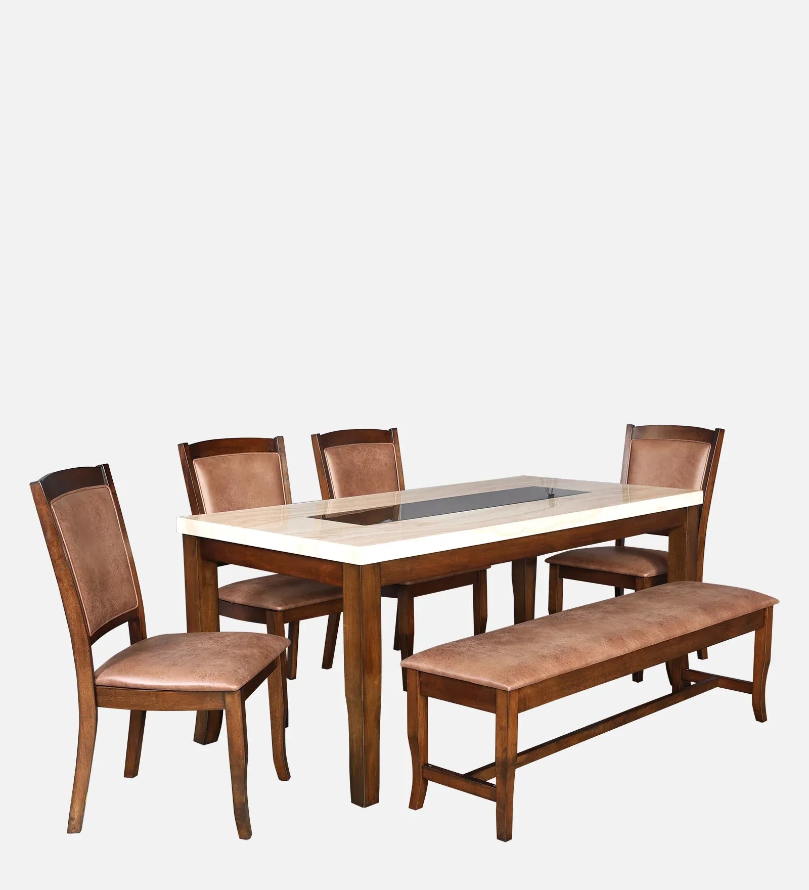 Nexus Marble Finish Six Seater Dining Set With Bench in Antique Cherry Colour - HomeTown