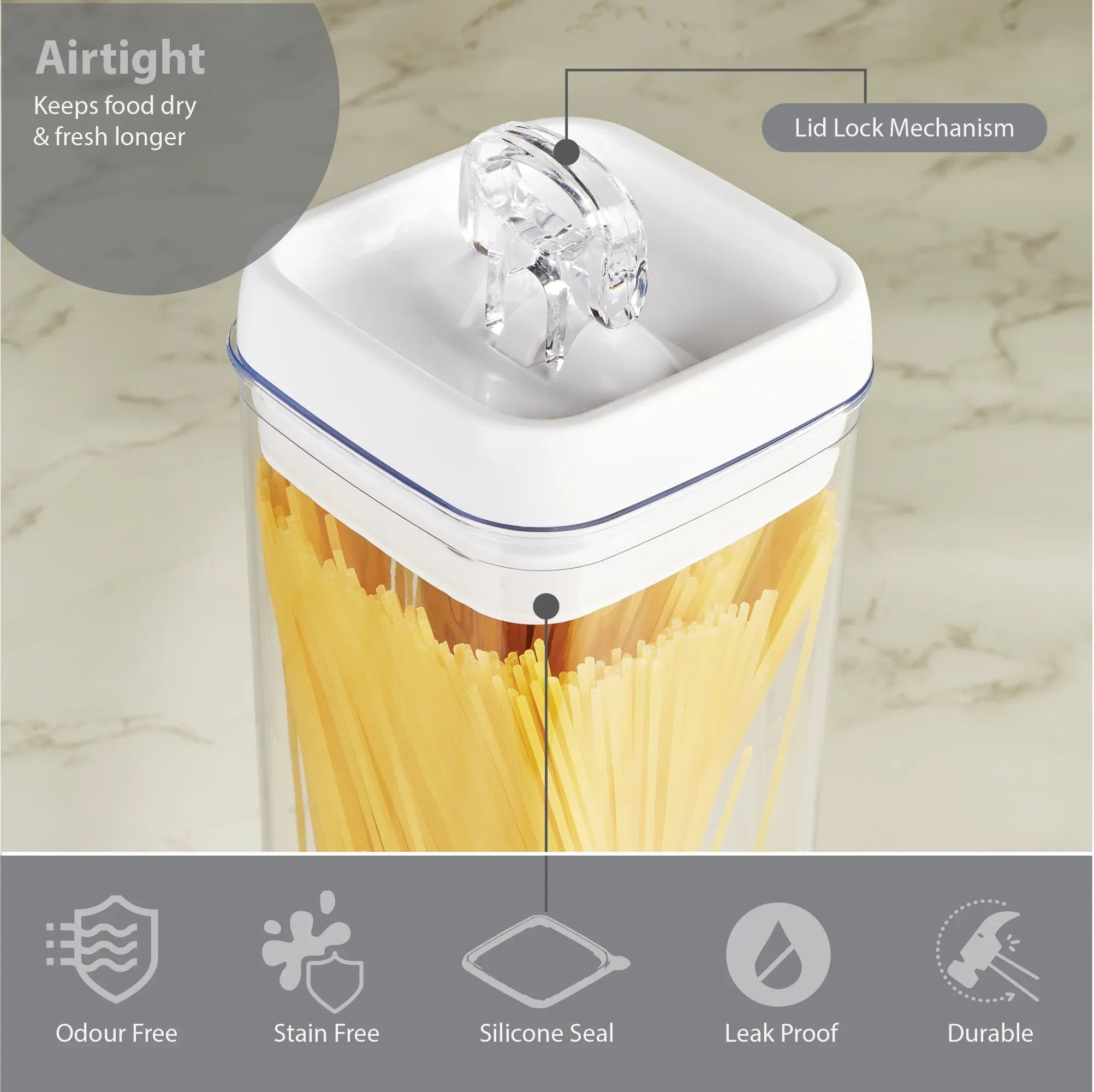 Robusto BPA Free Easy Lock Square Container 1000ml in Transparent & White Colour - HomeTown