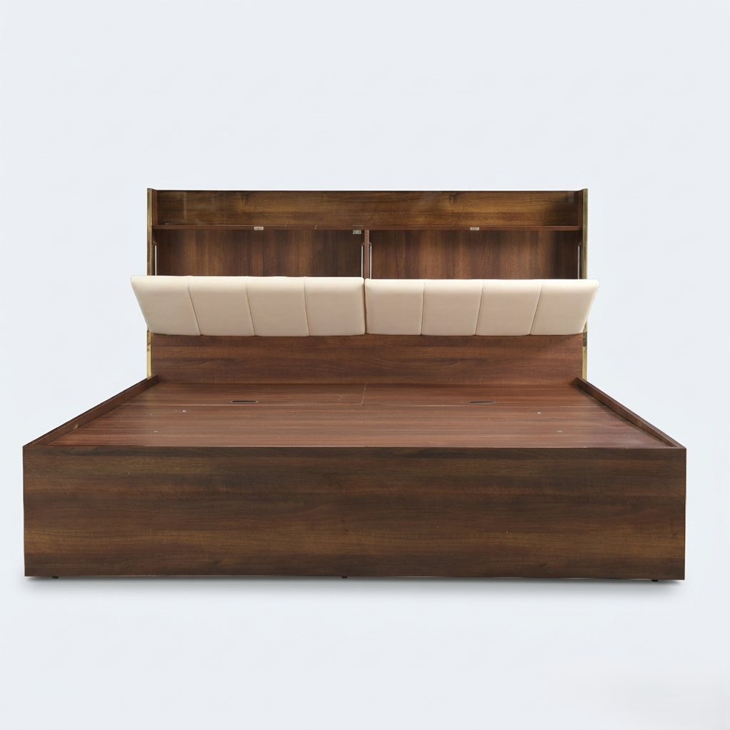 Nova King Size Bed with Hydraulic Storage & Headboard Storage in Wooden Finish