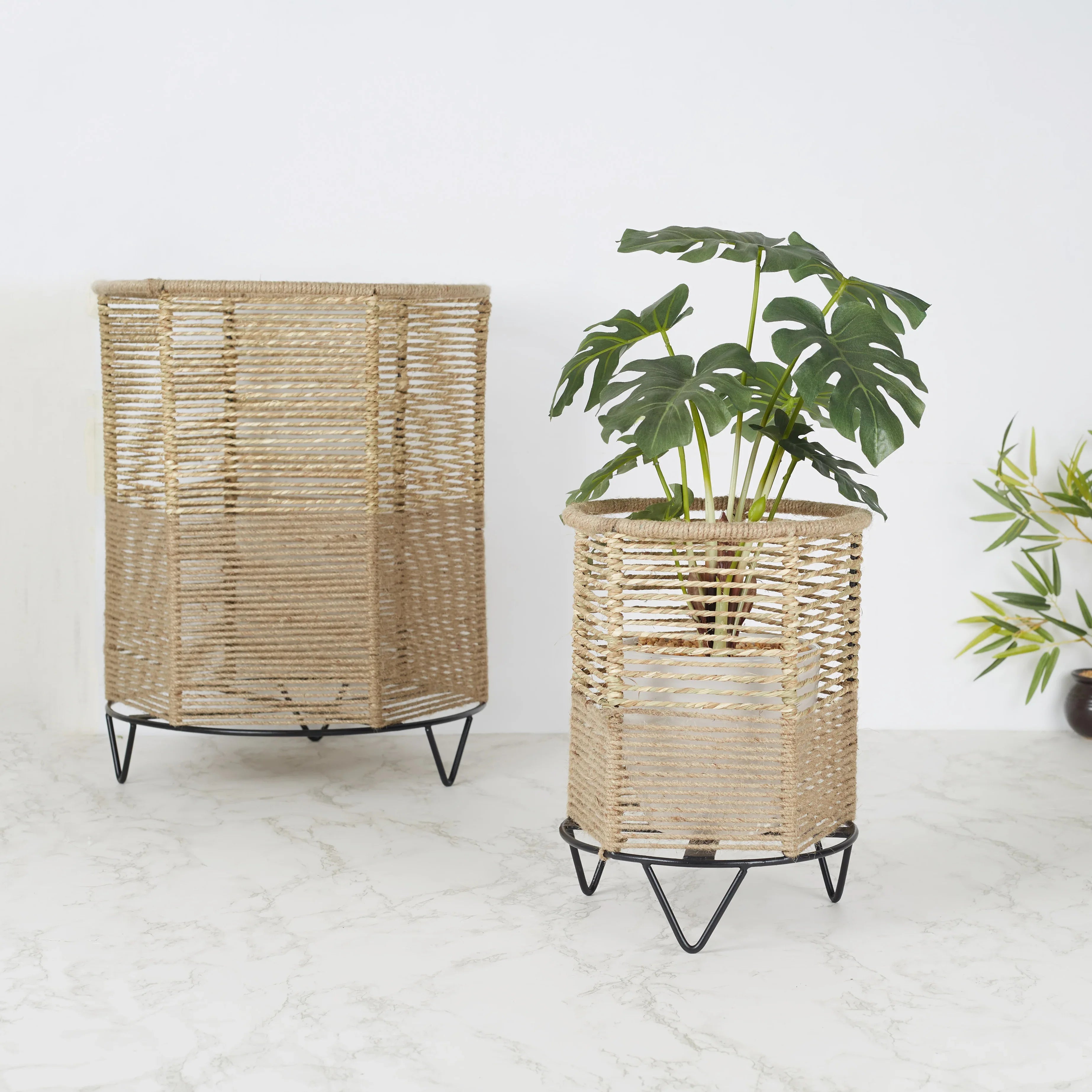 Boho Metal And Natural Fiber Planter Stand 42Cm in Brown Colour - HomeTown
