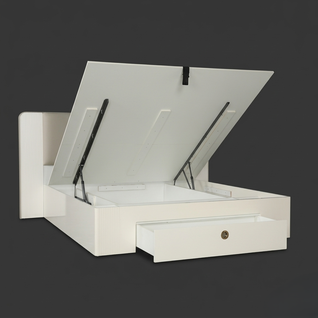 Snowcrest King Size Bed with Full Hydraulic Storage & Front Drawer