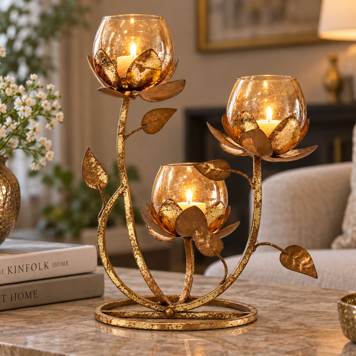 CGI Luxe Utsav 3 Lotus Round Tea Light Gold Finish | 26X22X23 cm