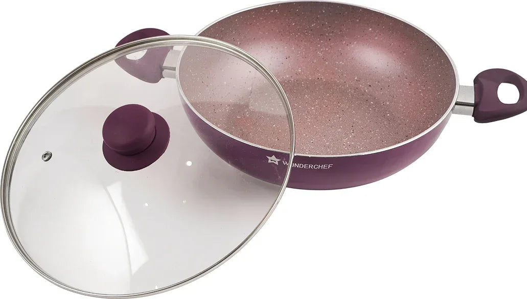 Royal Velvet Induction Bottom Non-Stick Steel Wok With Lid 26cm / 3.2 Ltr / 3mm in Purple Colour - HomeTown