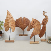 Walton Wood and Metal Peacock Figurine in Natural Wood Colour