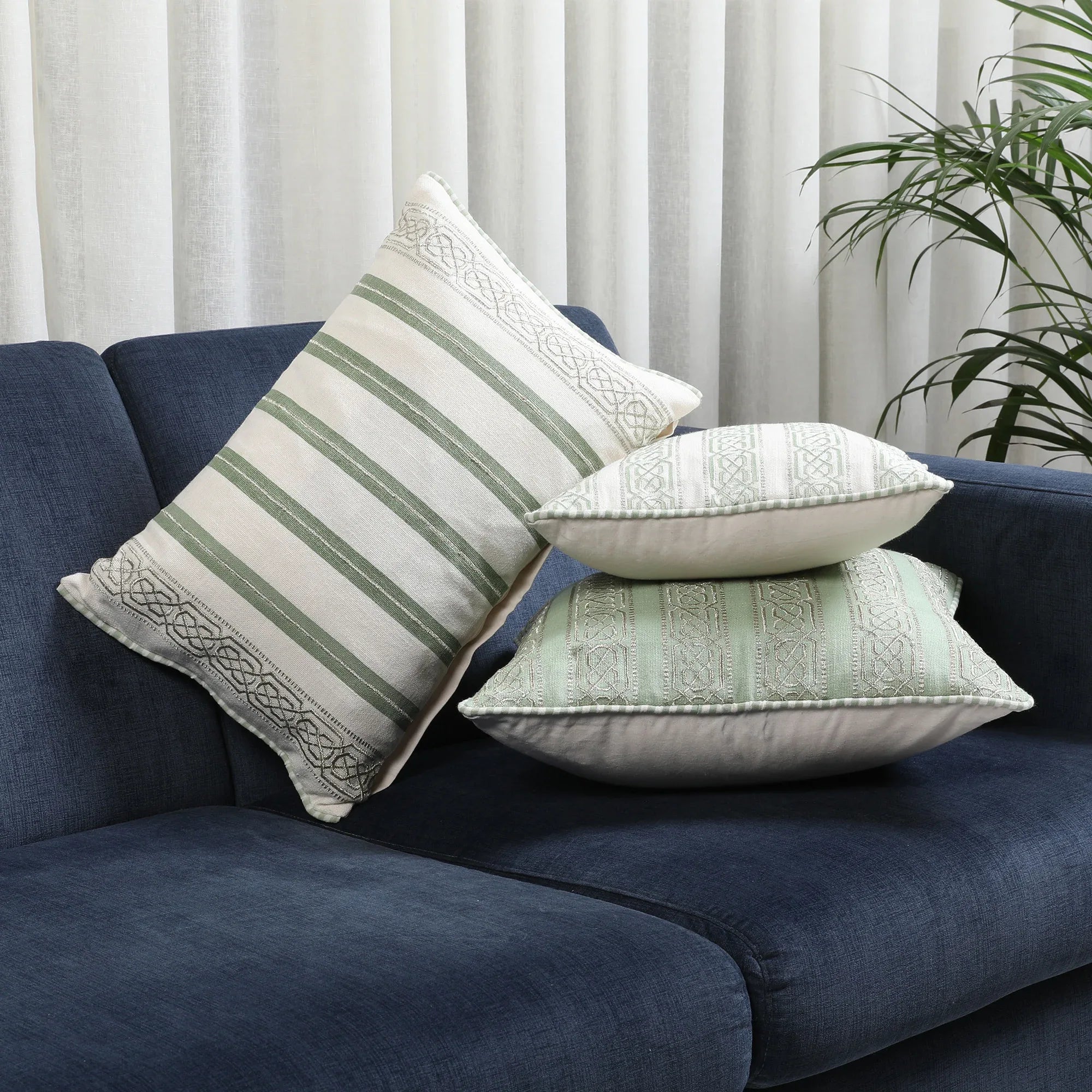 Indian Botanical Cotton Cushion Cover 30x30 cm in Sage Border Print - HomeTown