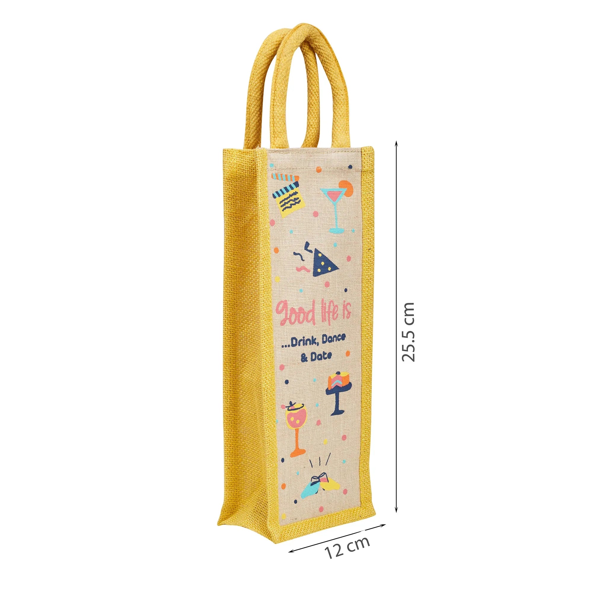 Good Life Jute Reversible Dessert Printed Bottle Bag 12 x 35.5 Cm in Yellow Colour - HomeTown