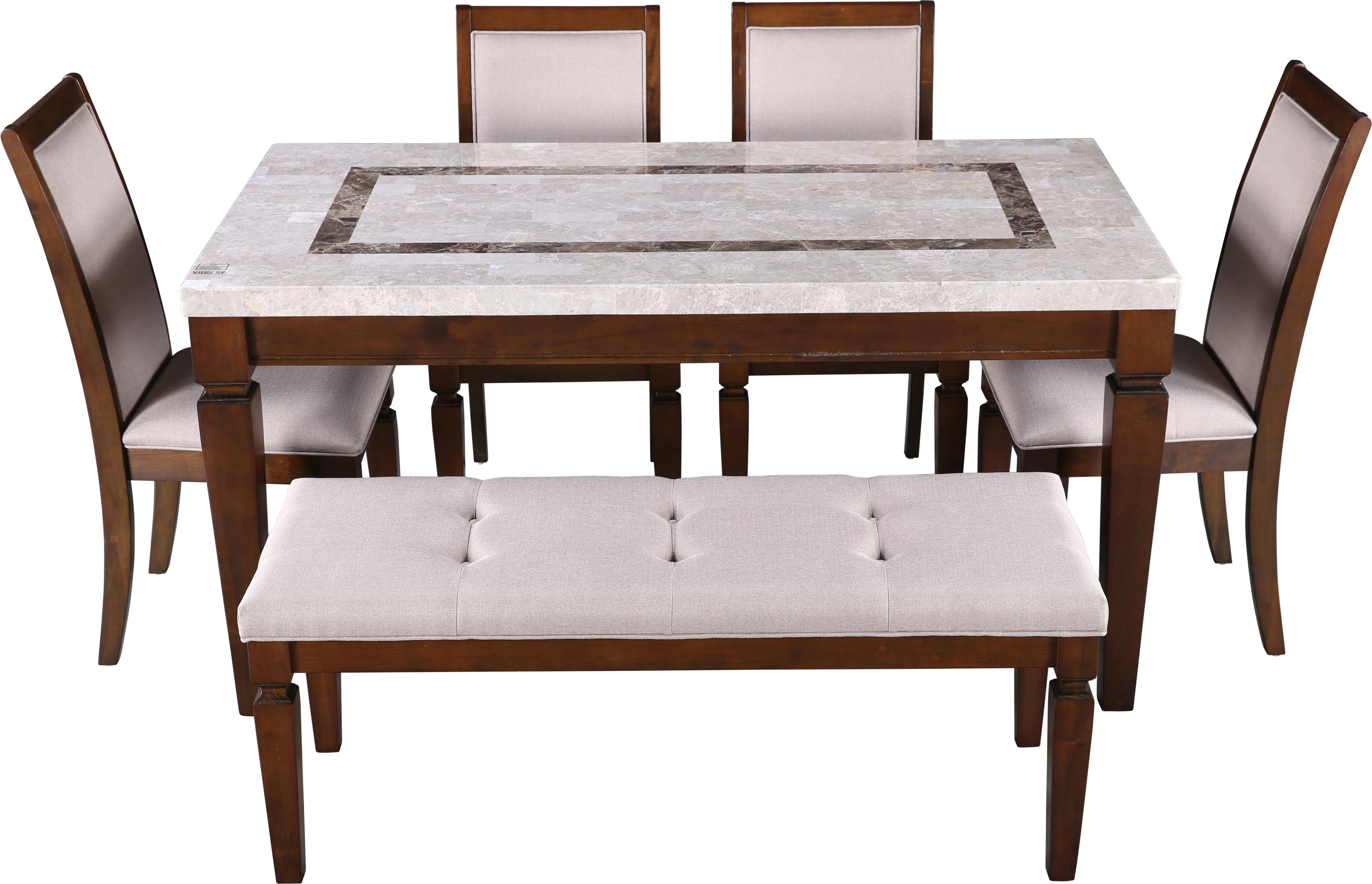 Bliss Marble Top 6 Seater Set with Bench with Inlay in Beige Colour - HomeTown