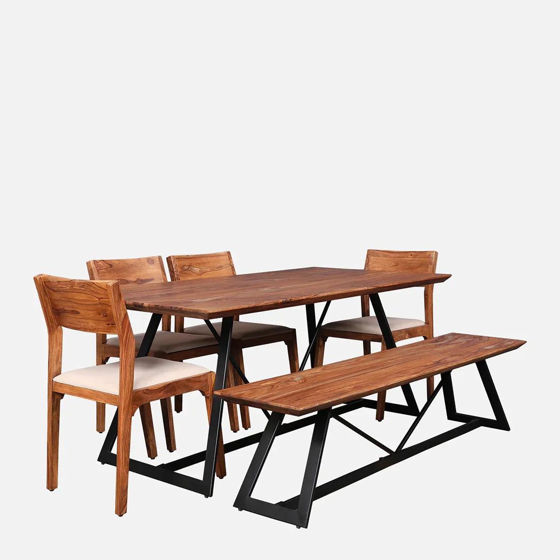 Axel Solidwood Six Seater Dining Set With Bench in Natural Sheesham Colour - HomeTown