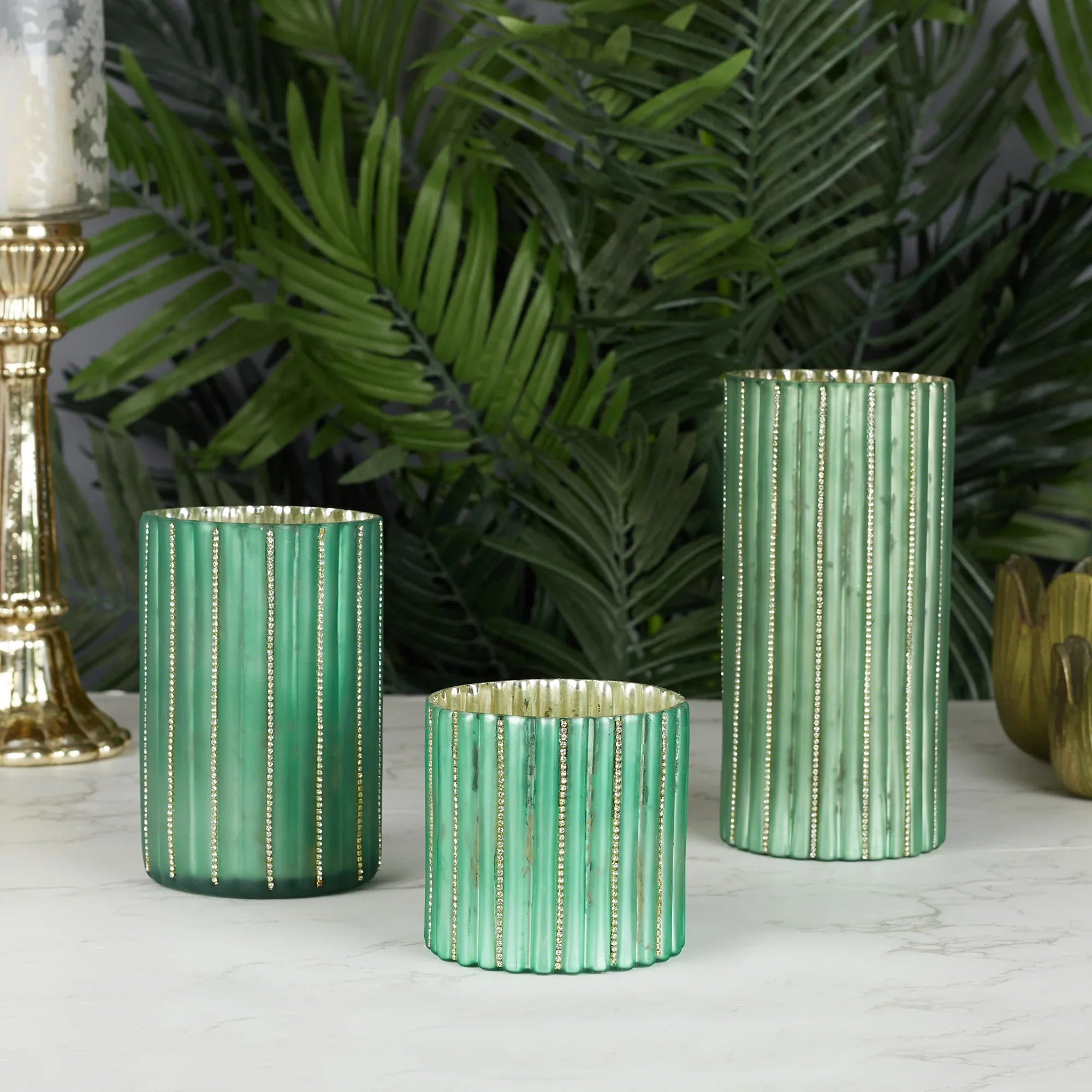 Phiona Glass Diamond Stud Handcrafted Votive 10 Cm in Emerald Colour - HomeTown