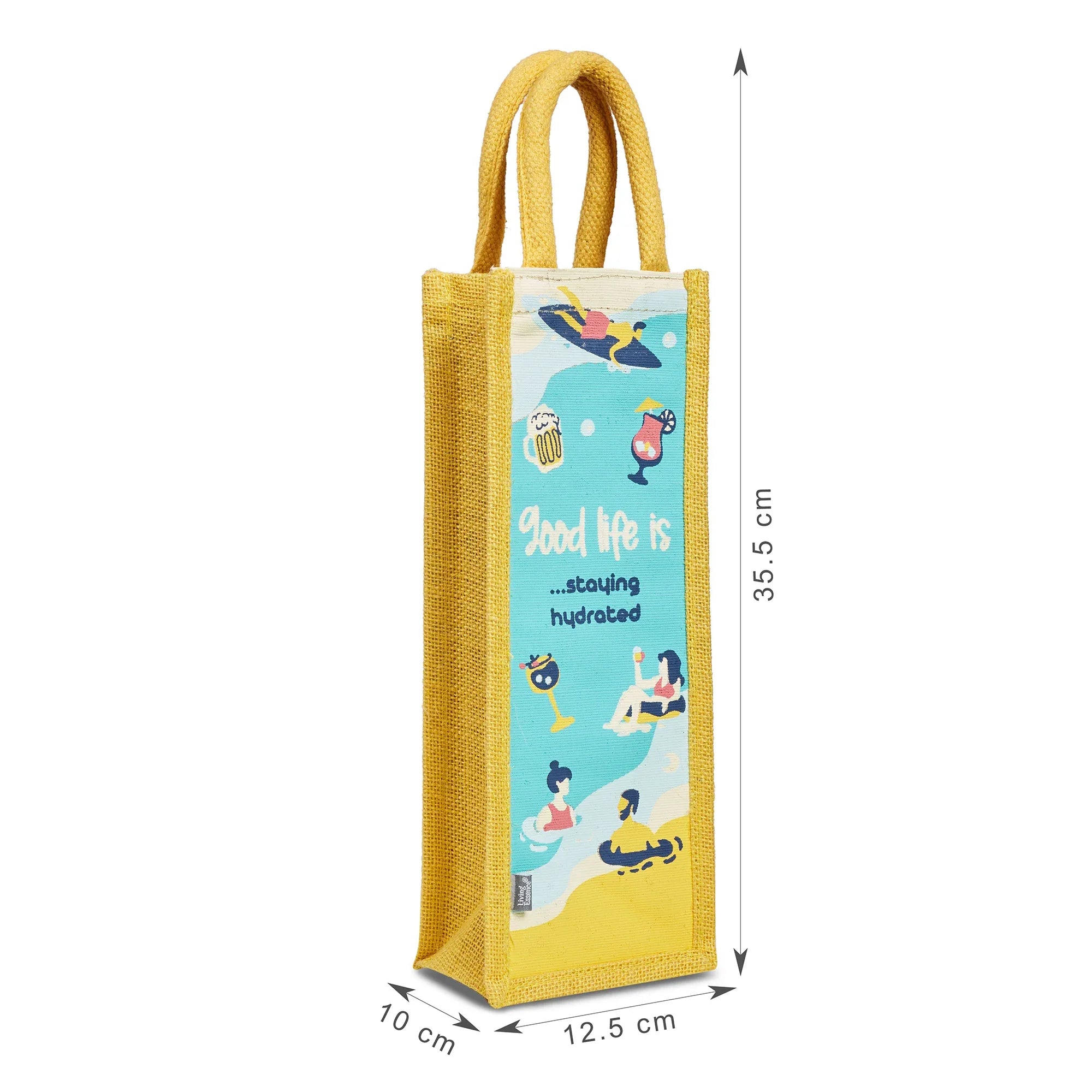 Good Life Jute Reversible Stay Hydrated Printed Zuco Bottle Bag 12 x 35.5 Cm in Turq & Yellow Colour - HomeTown