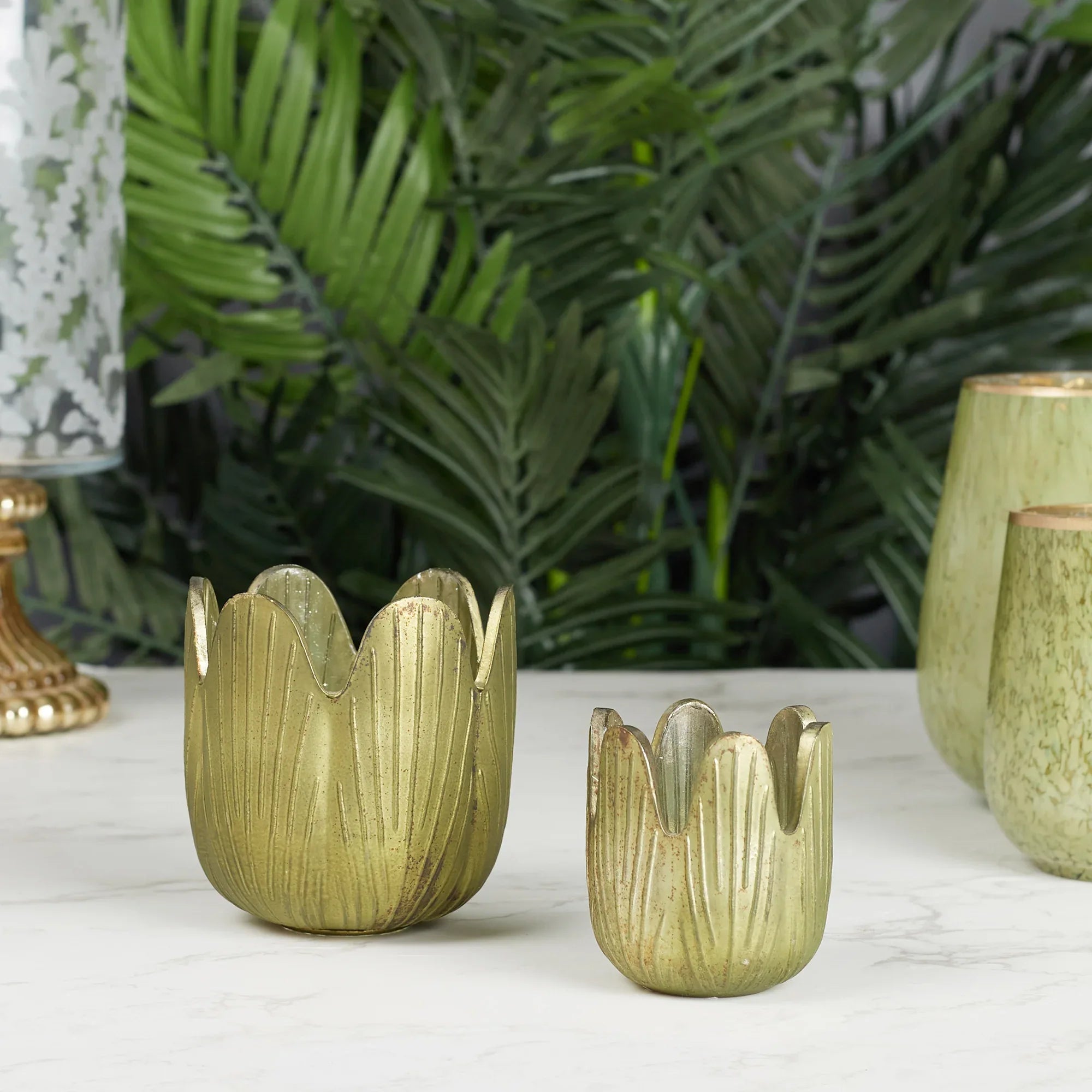 Phiona Glass Lotus Inspired Handcrafted Votive 70 Cm in Emerald Colour - HomeTown