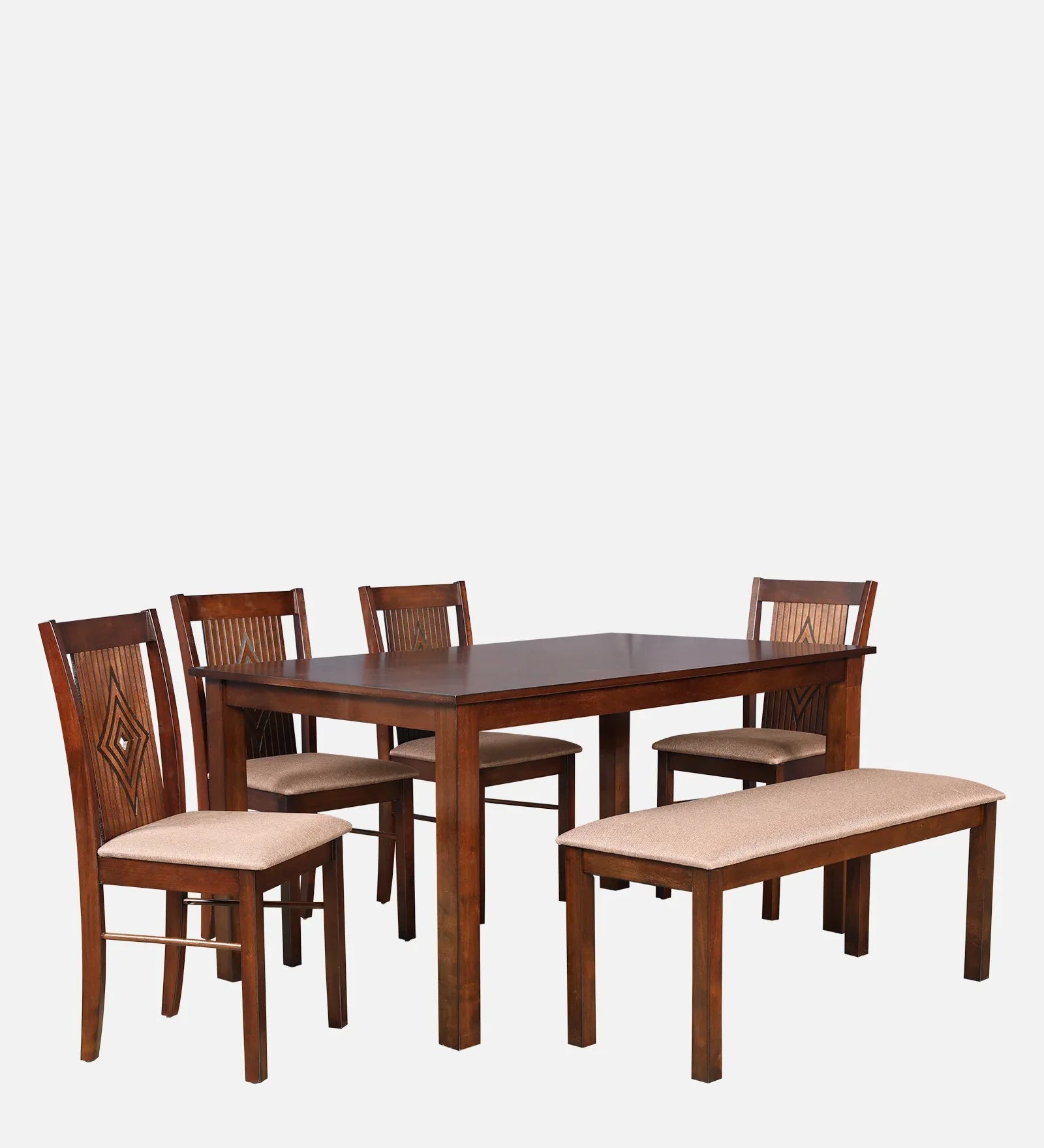 Aravali Rubberwood Six Seater Dining Set With Bench in Antique Cherry Colour - HomeTown