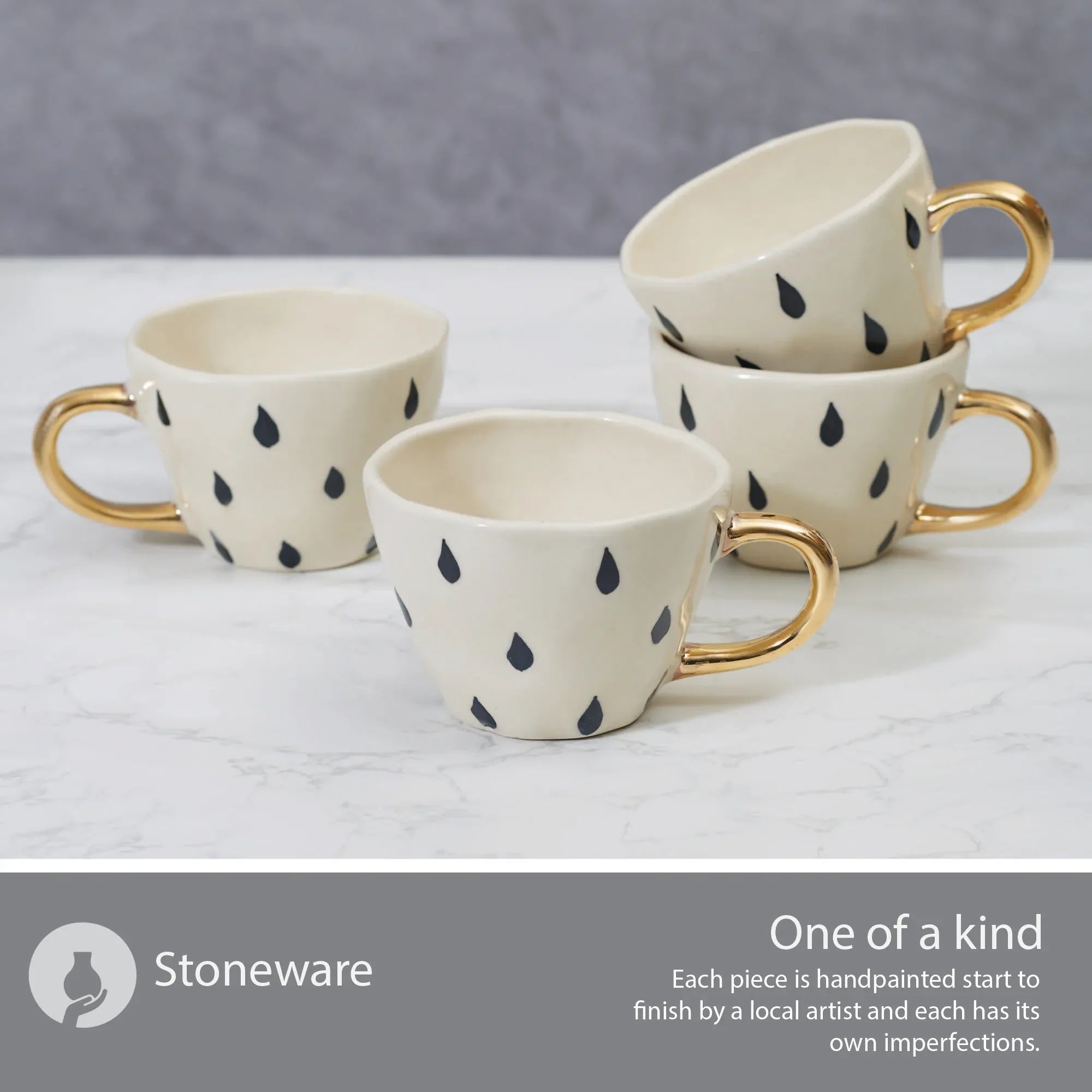 Fiesta Studio Pottery Droplet Tea Mug 250 ML Set of 4 with Real Gold Plating in Black & White Colour - HomeTown