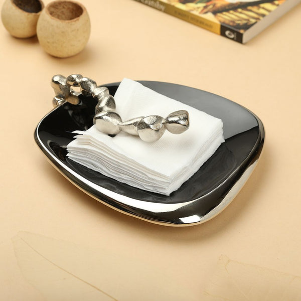 Stones Serving ware Jet Black enamle - Napkin Holder Silver dimensions