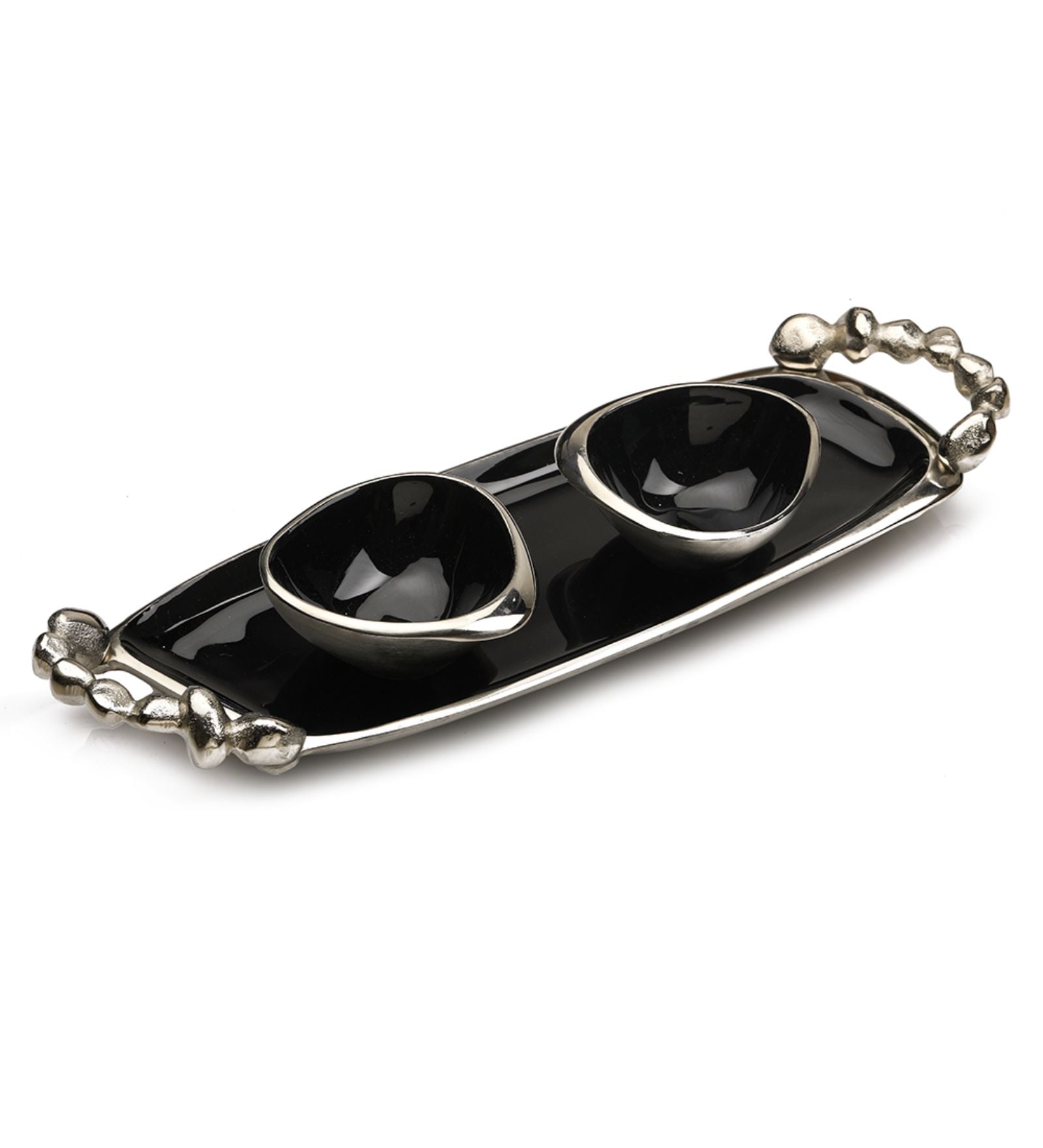 Stones Serving ware Jet Black enamle - Tray & Bowls Set Silver