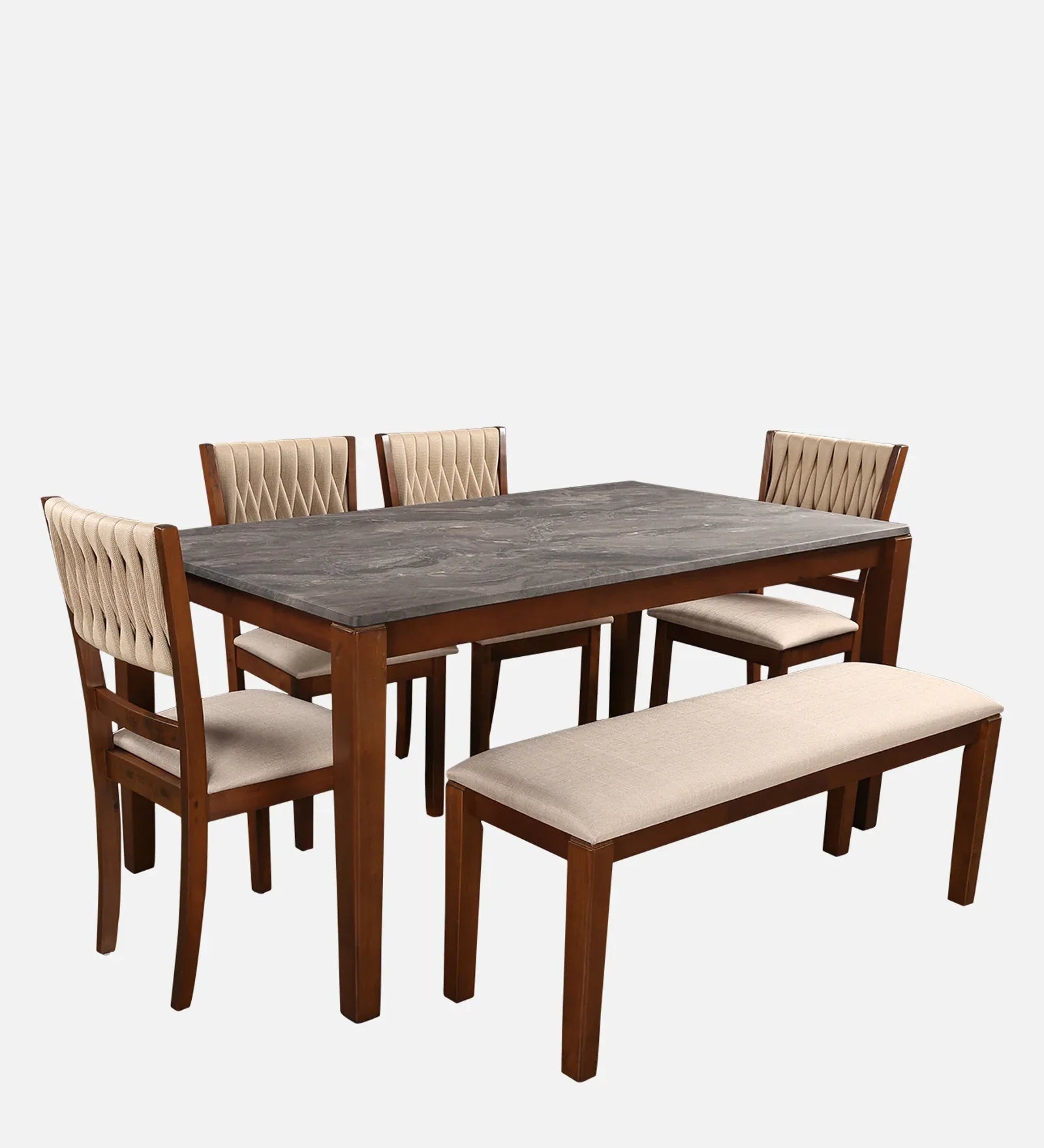 Quest Marble Top Six Seater Dining Set With Bench in Walnut Colour - HomeTown