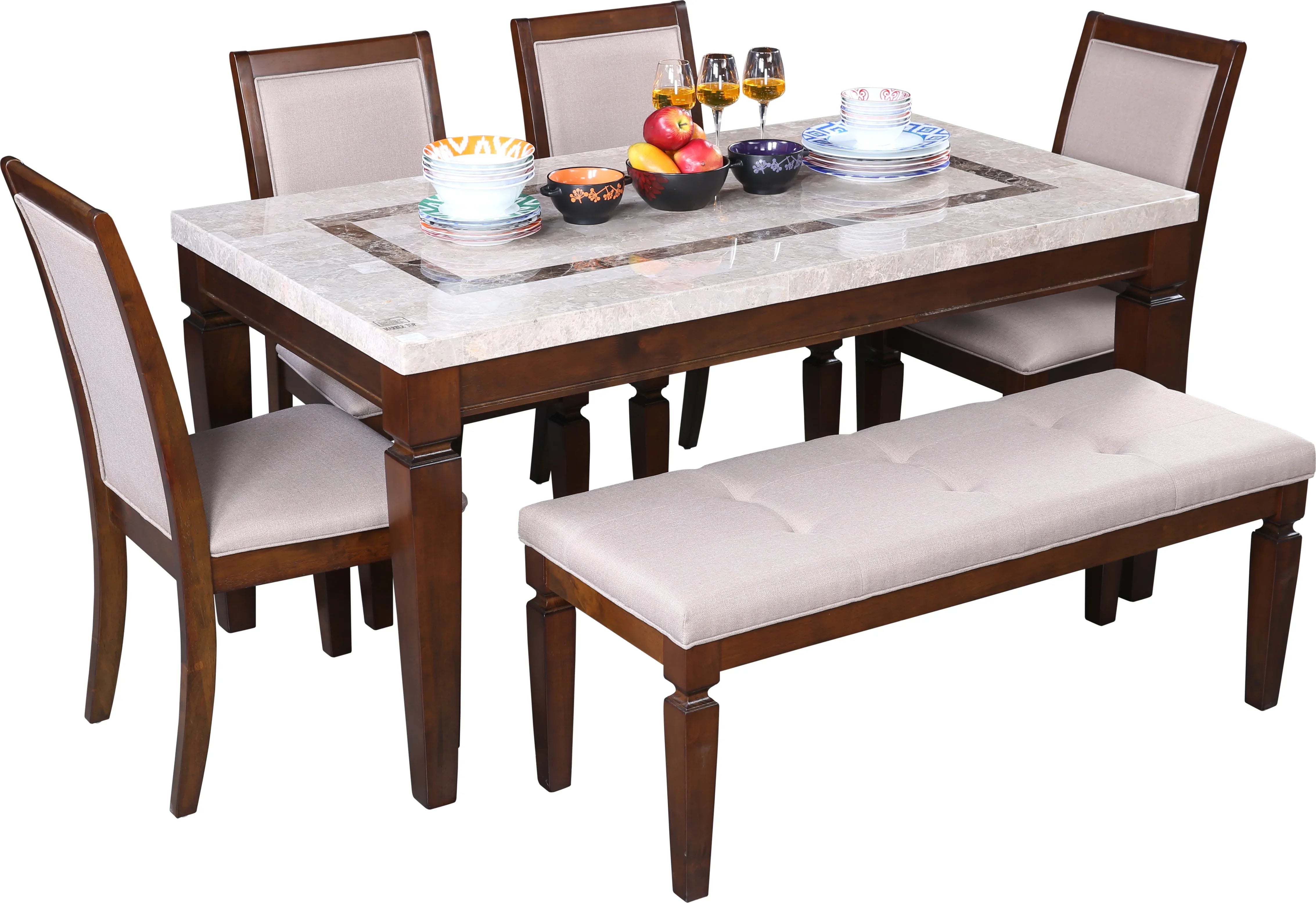 Bliss Marble Top 6 Seater Set with Bench with Inlay in Beige Colour - HomeTown