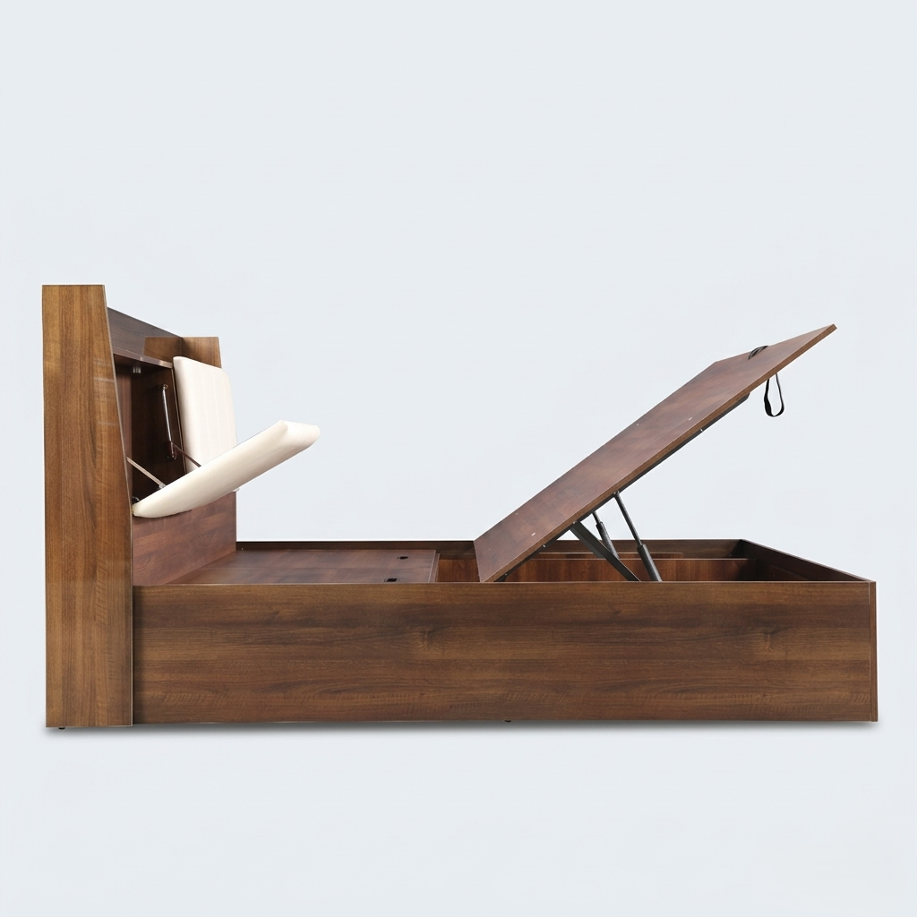 Nova King Size Bed with Hydraulic Storage & Headboard Storage in Wooden Finish