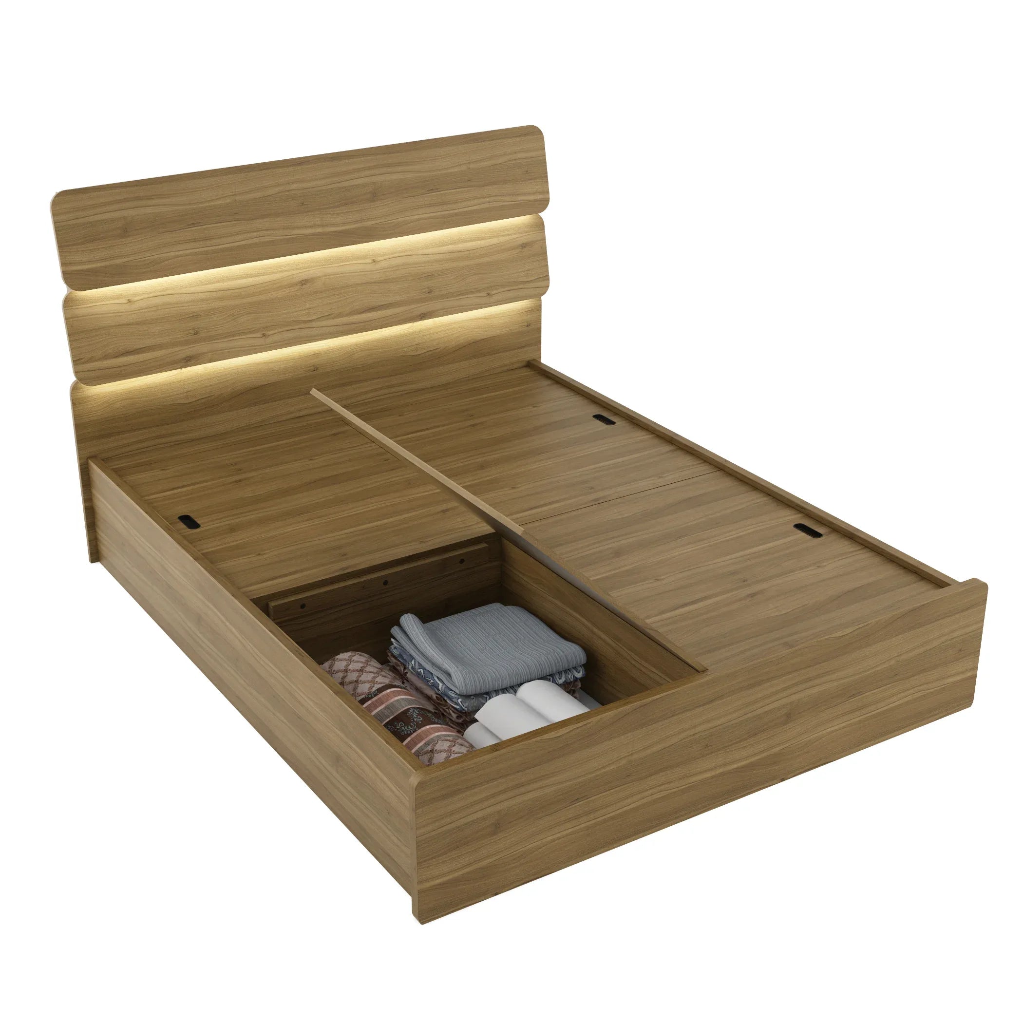 Freya Queen Bed With Box Storage in Natural Teak Colour - HomeTown