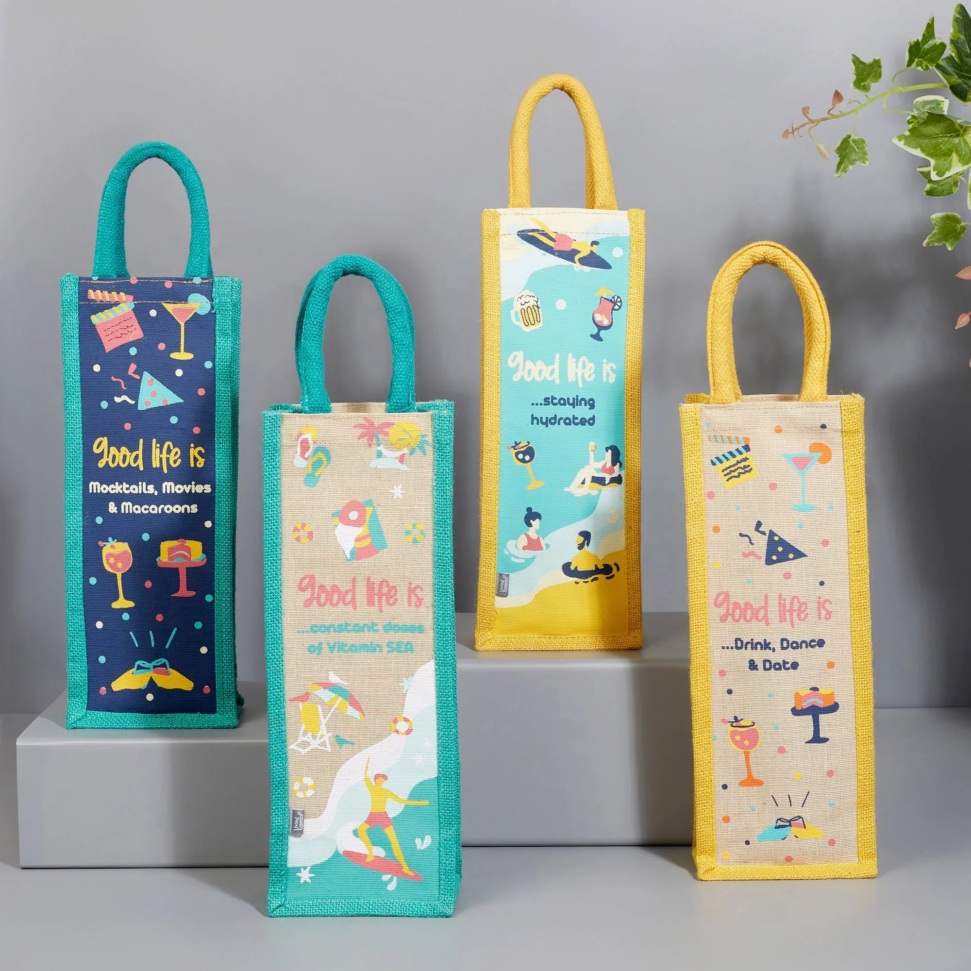 Good Life Jute Reversible Macaroon Printed Bottle Bag 12 x 35.5 Cm in Navy Colour - HomeTown