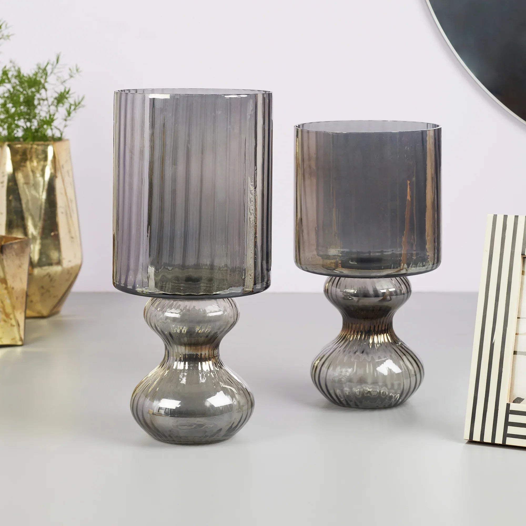 Phiona Glass Fluted Handcrafted Hurricane 29Cm in Black Colour - HomeTown