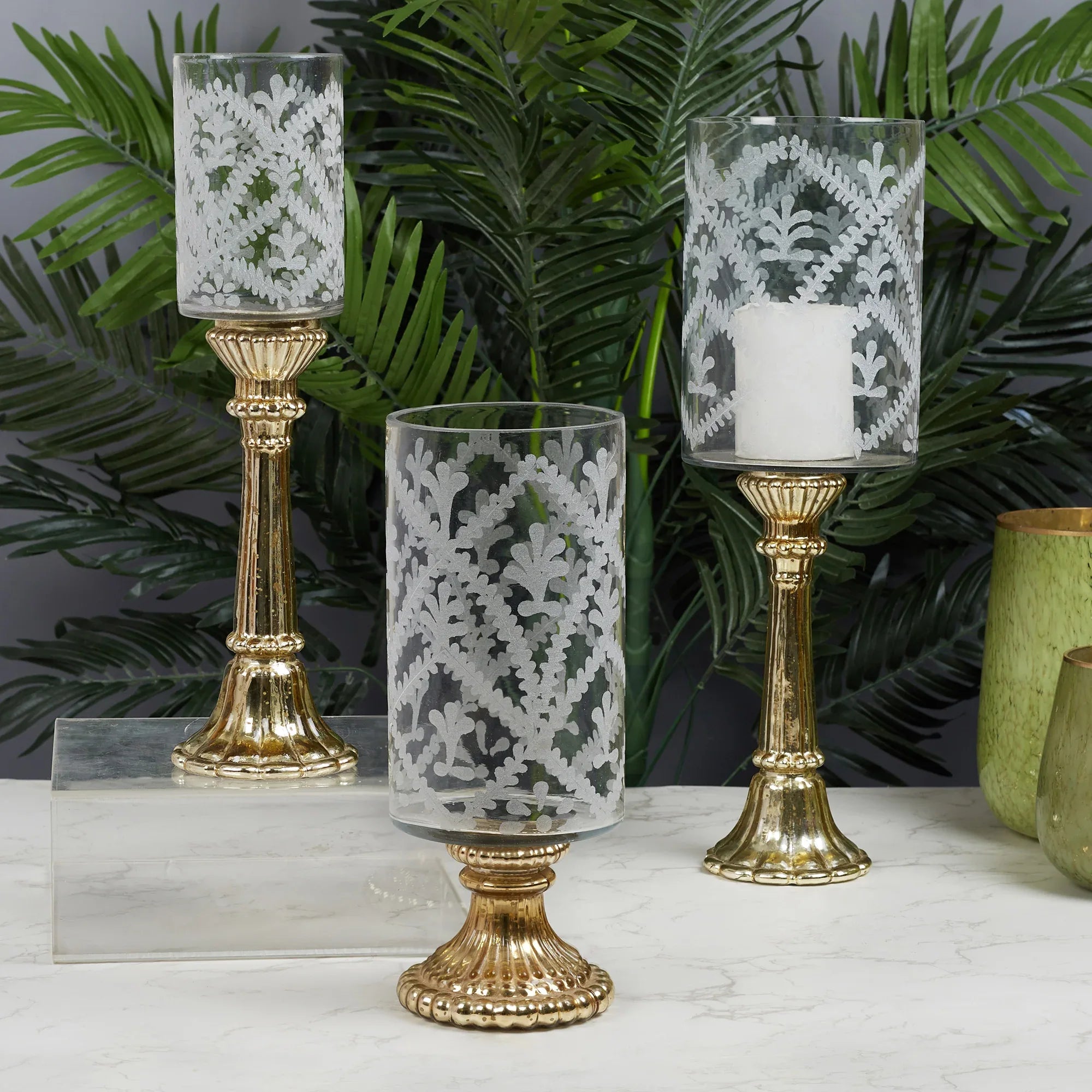 Phiona Glass Etched Handcrafted Hurricane 42 Cm in Gold Colour - HomeTown