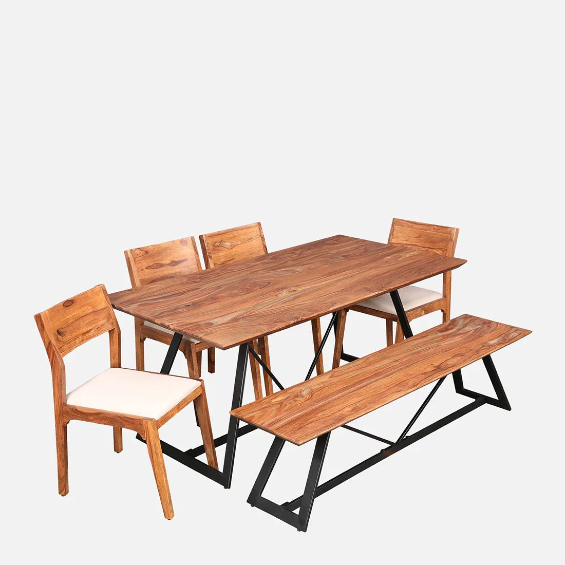 Axel Solidwood Six Seater Dining Set With Bench in Natural Sheesham Colour - HomeTown