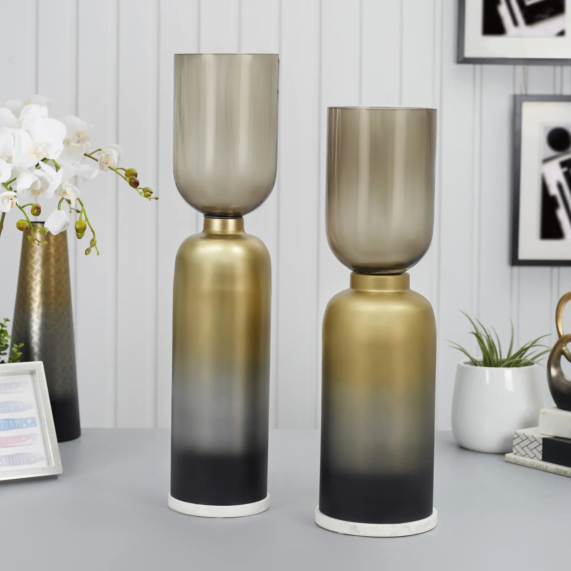 Zeus Iron and Glass Ombre Floor Hurricane 20x76 Cm in Antique Gold & Black Colour - HomeTown