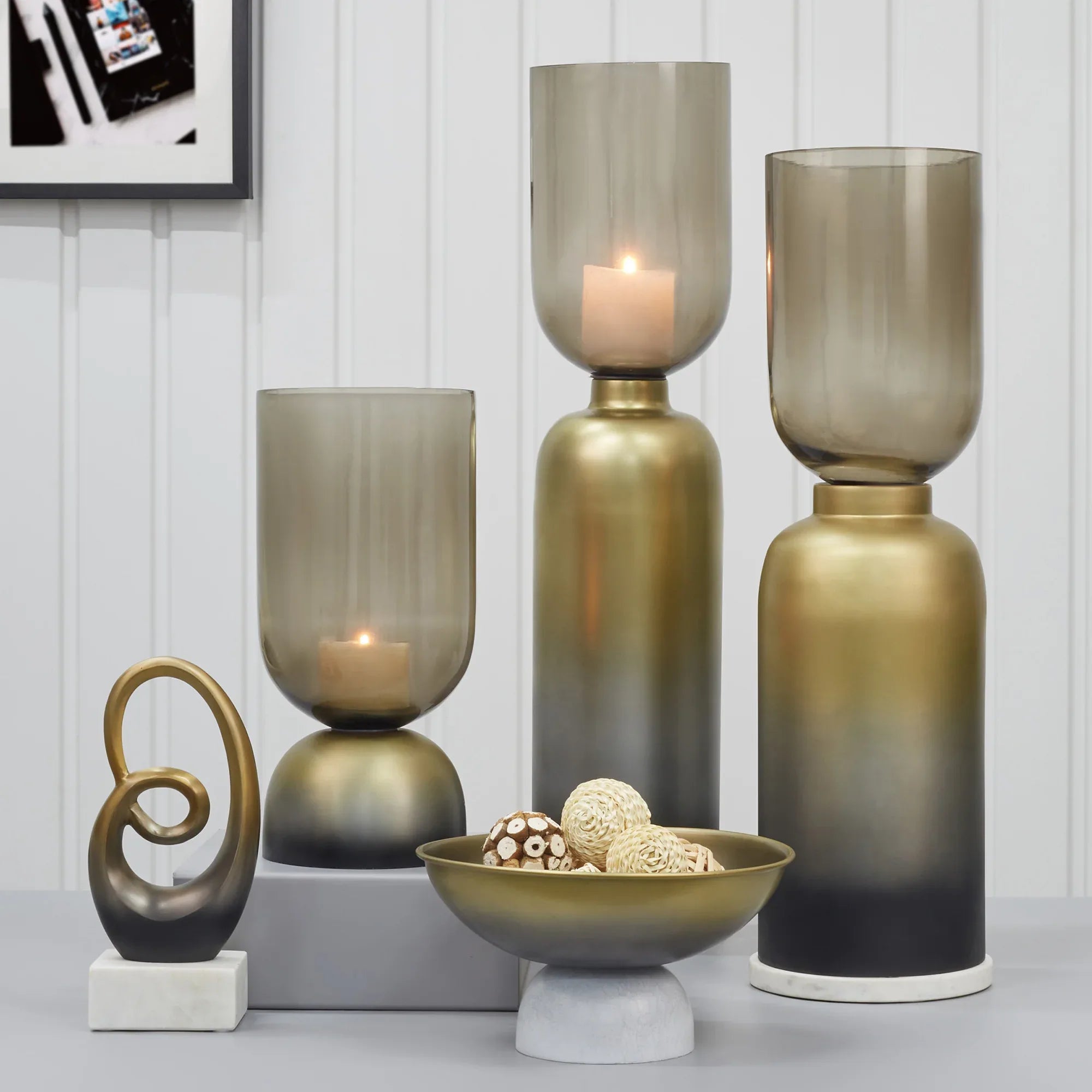 Zeus Iron and Glass Ombre Chimney Hurricane 17x35 Cm in Antique Gold & Black Colour - HomeTown