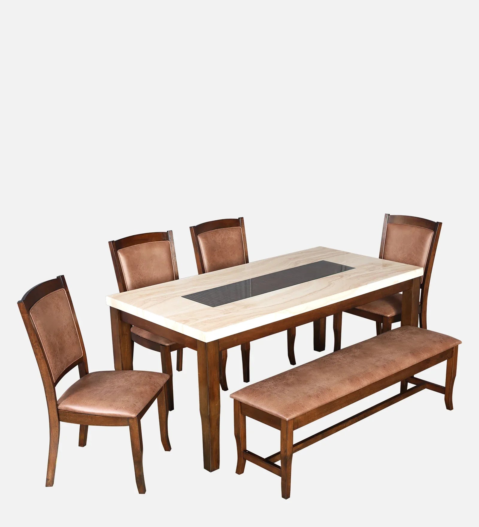 Nexus Marble Finish Six Seater Dining Set With Bench in Antique Cherry Colour - HomeTown
