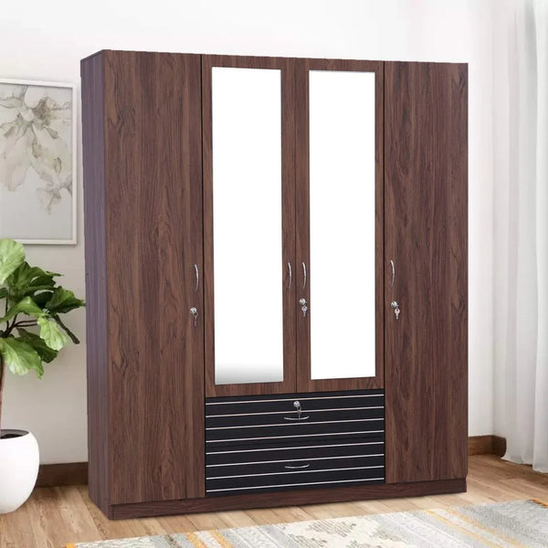 Molly Engineered Wood Four Door Wardrobe with Mirror in Walnut Finish dimensions